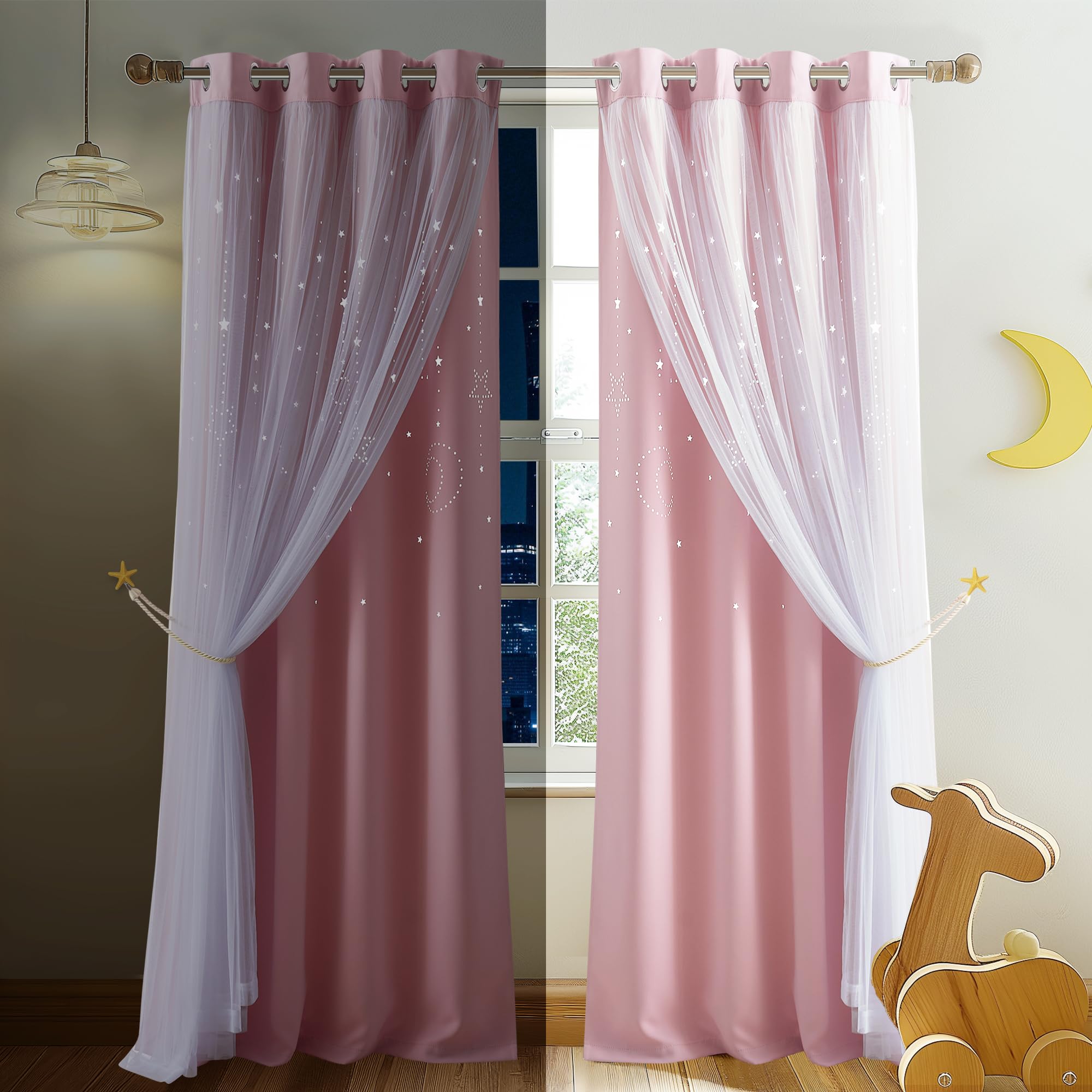 NICETOWN Pink Curtains for Girls Bedroom/Kids Room, Moon and Star Hollow Out Blackout Curtains for Nursery, Double-Layer Grommet