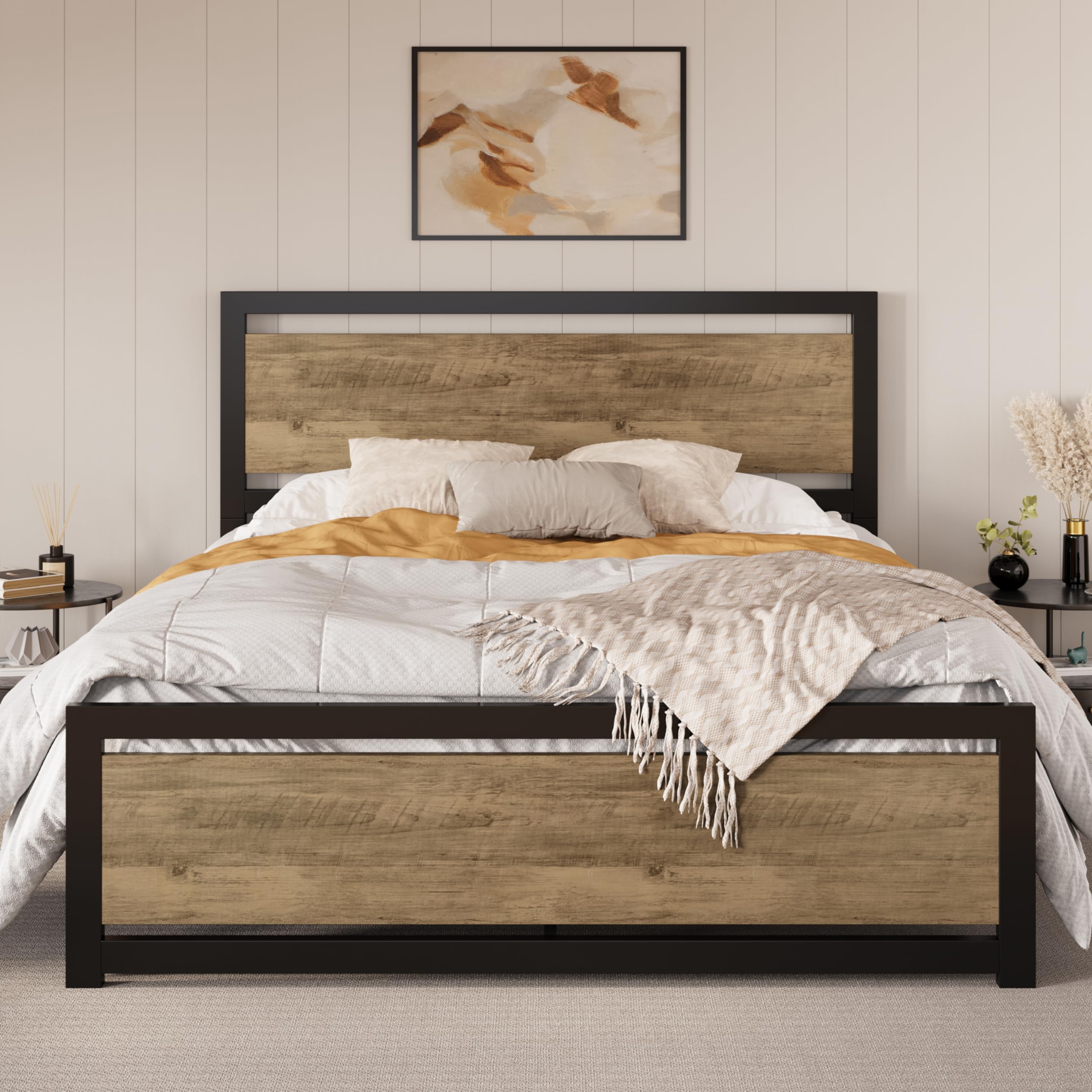 SHA CERLIN Full Size Bed Frame with Modern Headboard, Heavy Duty Platform Metal Base with Square Footboard and 13 Strong Slats S