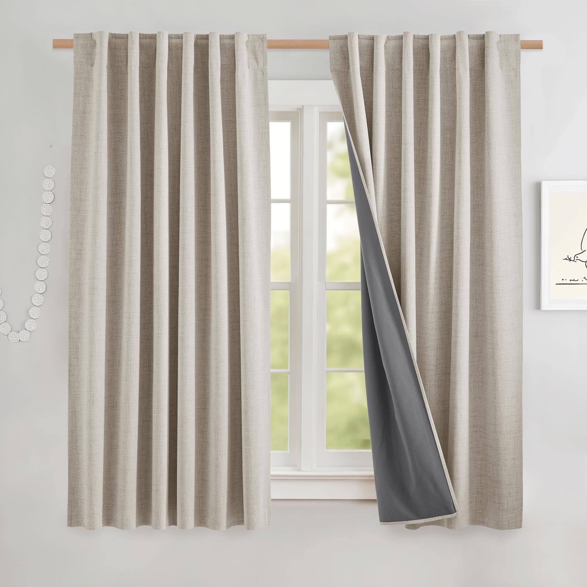 NICETOWN Natural Linen Complete Blackout Curtains 48 inches, Thermal Insulated & Noise Reducing Window Draperies with Grey Liner