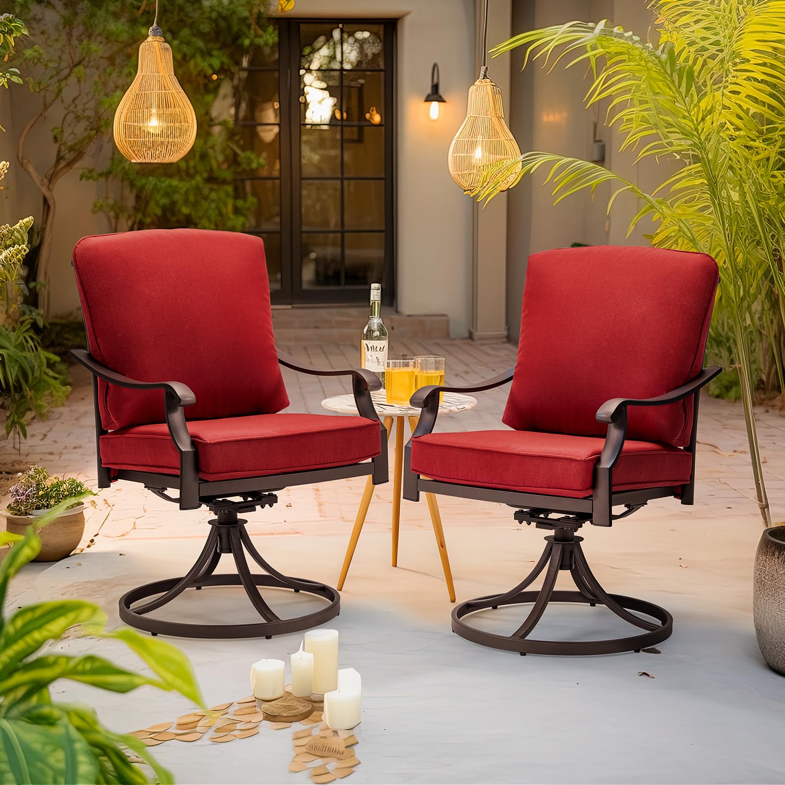 MELLCOM Patio Swivel Chair Set of 2, Heavy Duty Outdoor Dining Chairs with Thickened Cushions, Metal Patio Chairs Gentle Rocker 