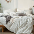 MooMee Striped Duvet Cover Set 100% Washed Cotton Linen Like Textured Breathable Durable Soft Comfy (White Dark Grey Wide Stripe