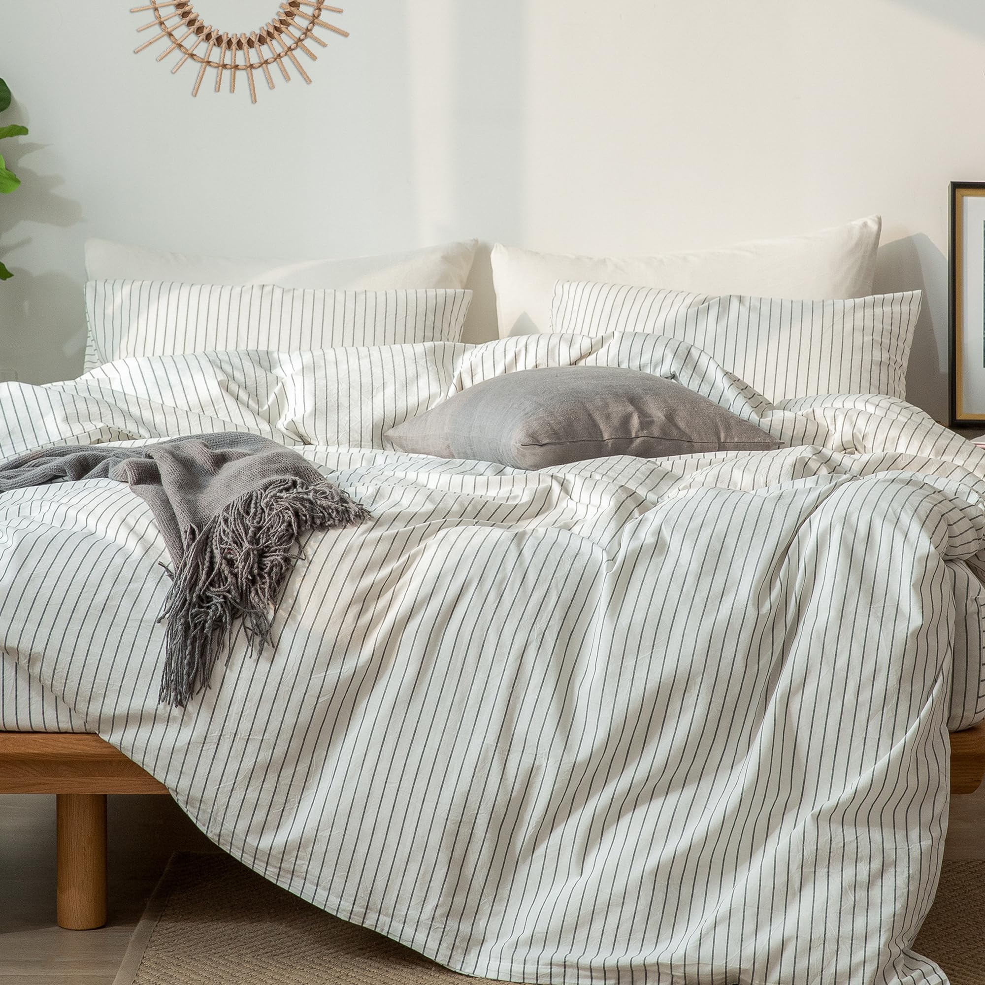 MooMee Striped Duvet Cover Set 100% Washed Cotton Linen Like Textured Breathable Durable Soft Comfy (White Dark Grey Wide Stripe