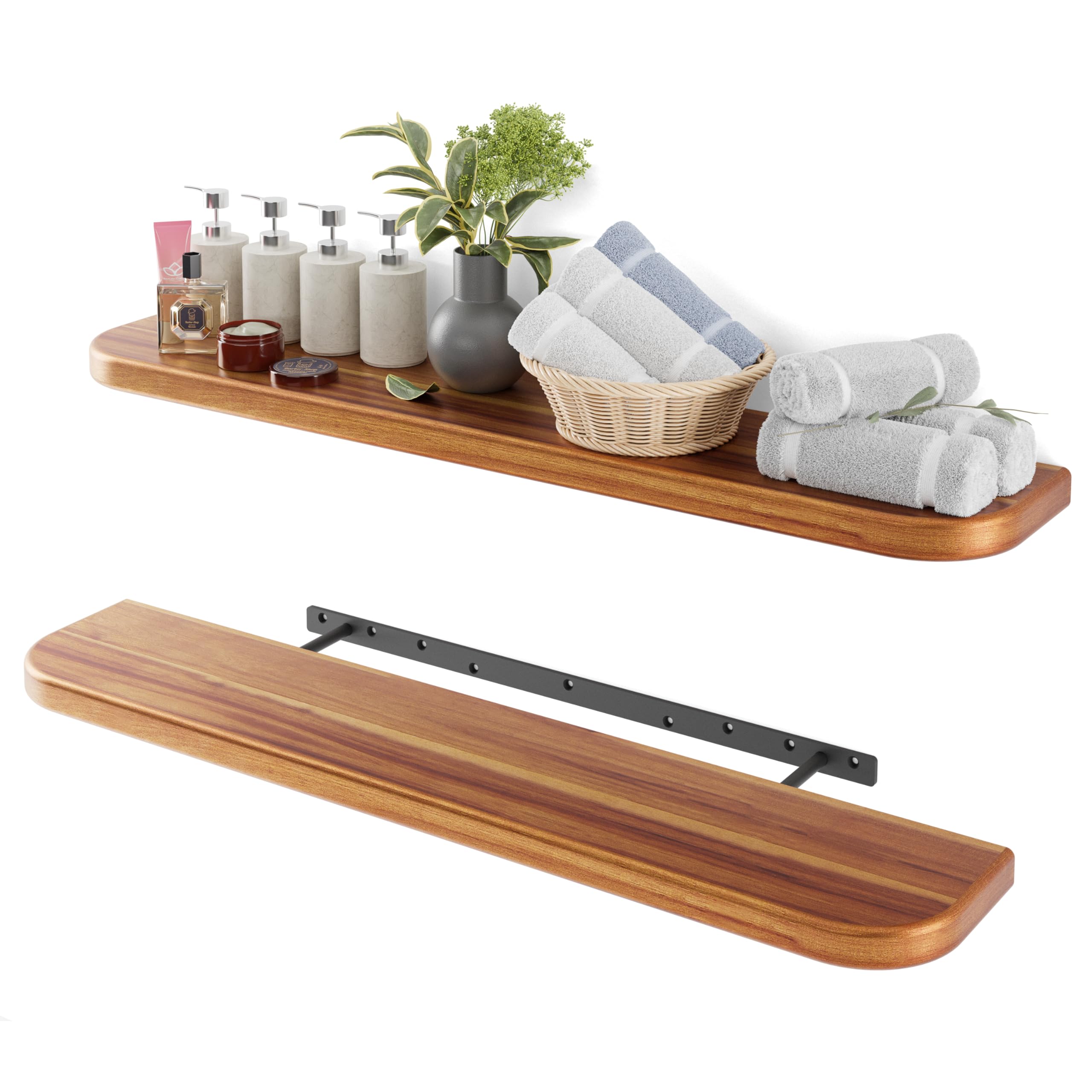 BATODA 36 Acacia Wood Floating Shelves Wall Mounted (Round Edge) - Rustic Farmhouse Wooden Wall Storage Shelf for Bedroom, Kitch