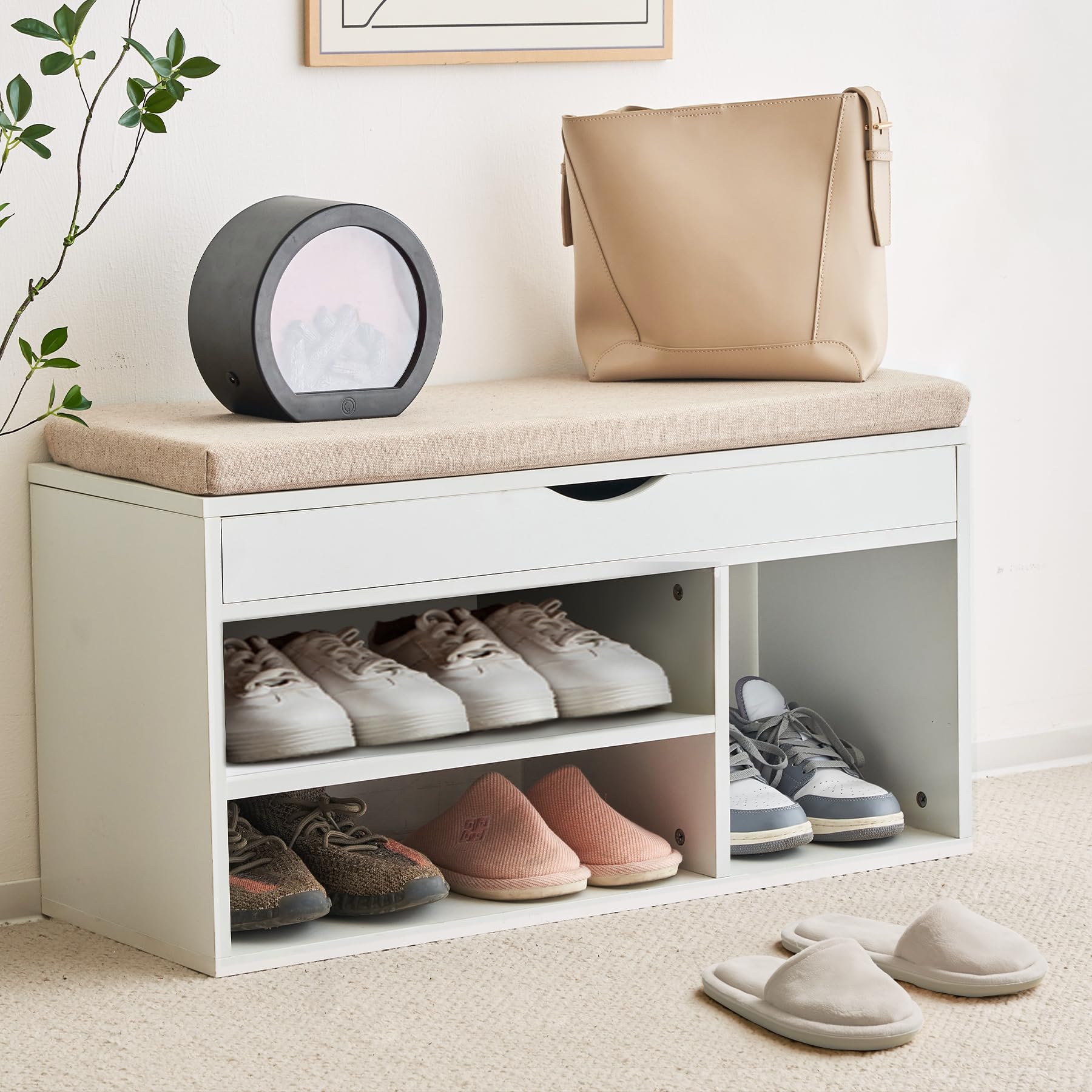 Apicizon Storage Bench, Shoe Bench with Flip Top Storage Space and Padded Cushion, Wooden Bench with Storage for Entryway, Livin