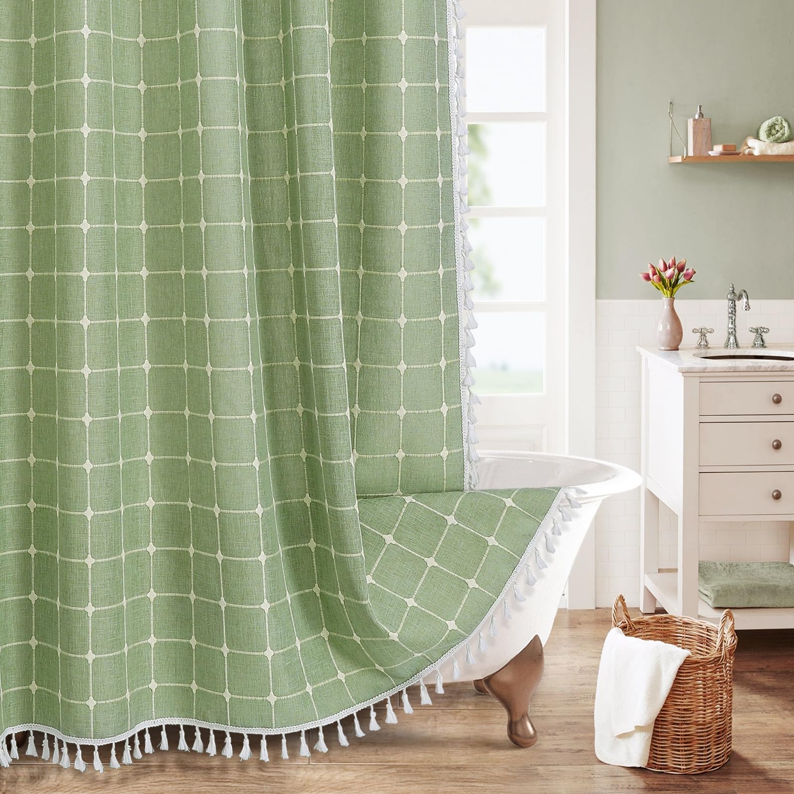 MitoVilla Sage Green Boho Farmhouse Shower Curtains for Modern Country Bathroom Decor, Thick Cotton Linen Fabric Shower Curtain,
