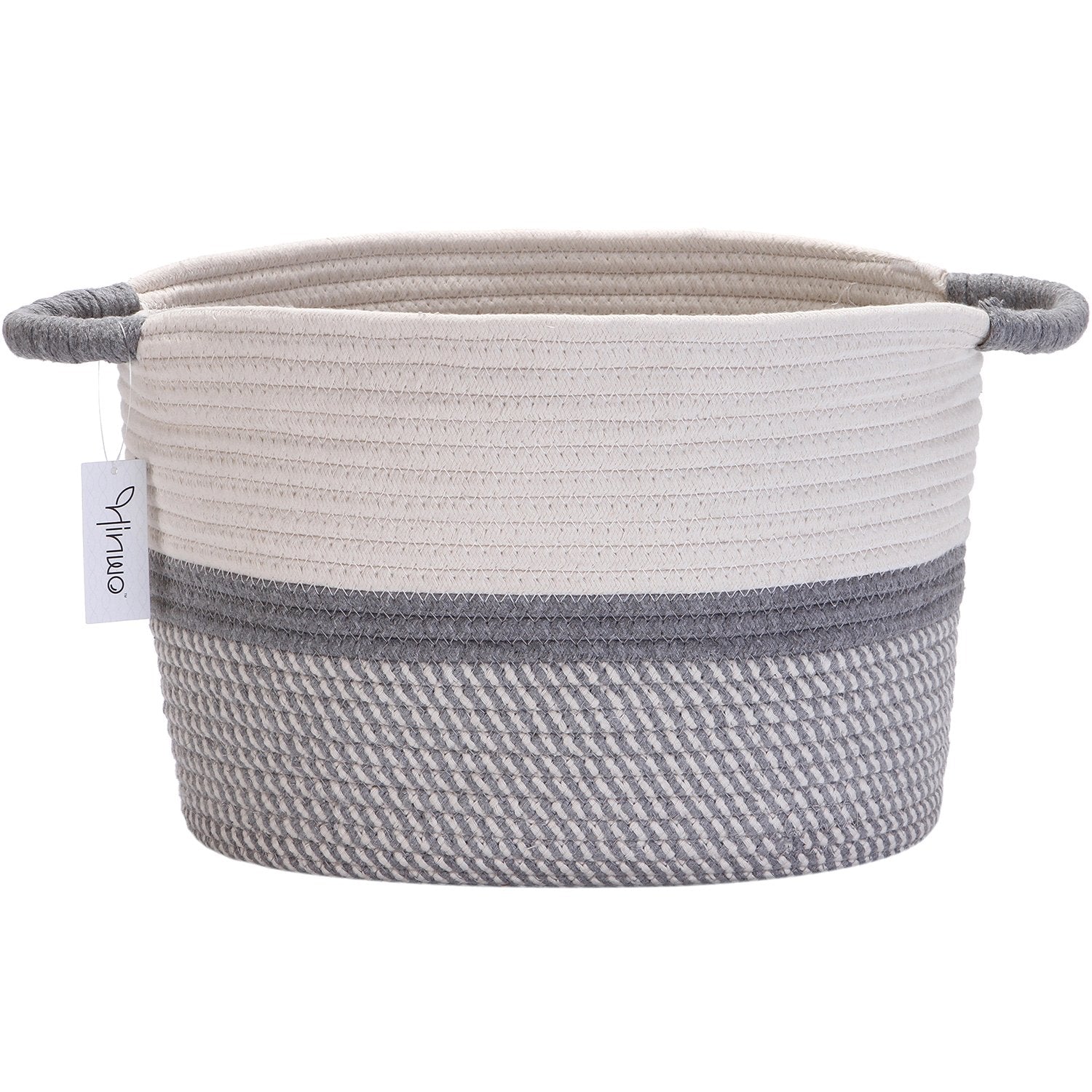 Hinwo Oval Cotton Rope Storage Basket Collapsible Nursery Storage Box Container Organizer with Handles, 13 x 10 inches, Off Whit