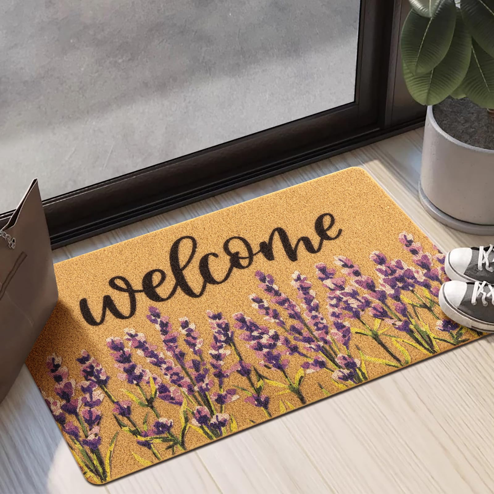 Carvapet Artificial Coir Doormat with Non-Slip Backing for Indoor and Outdoor 17 x 30 inch Front Door Welcome Mat Floral Doormat