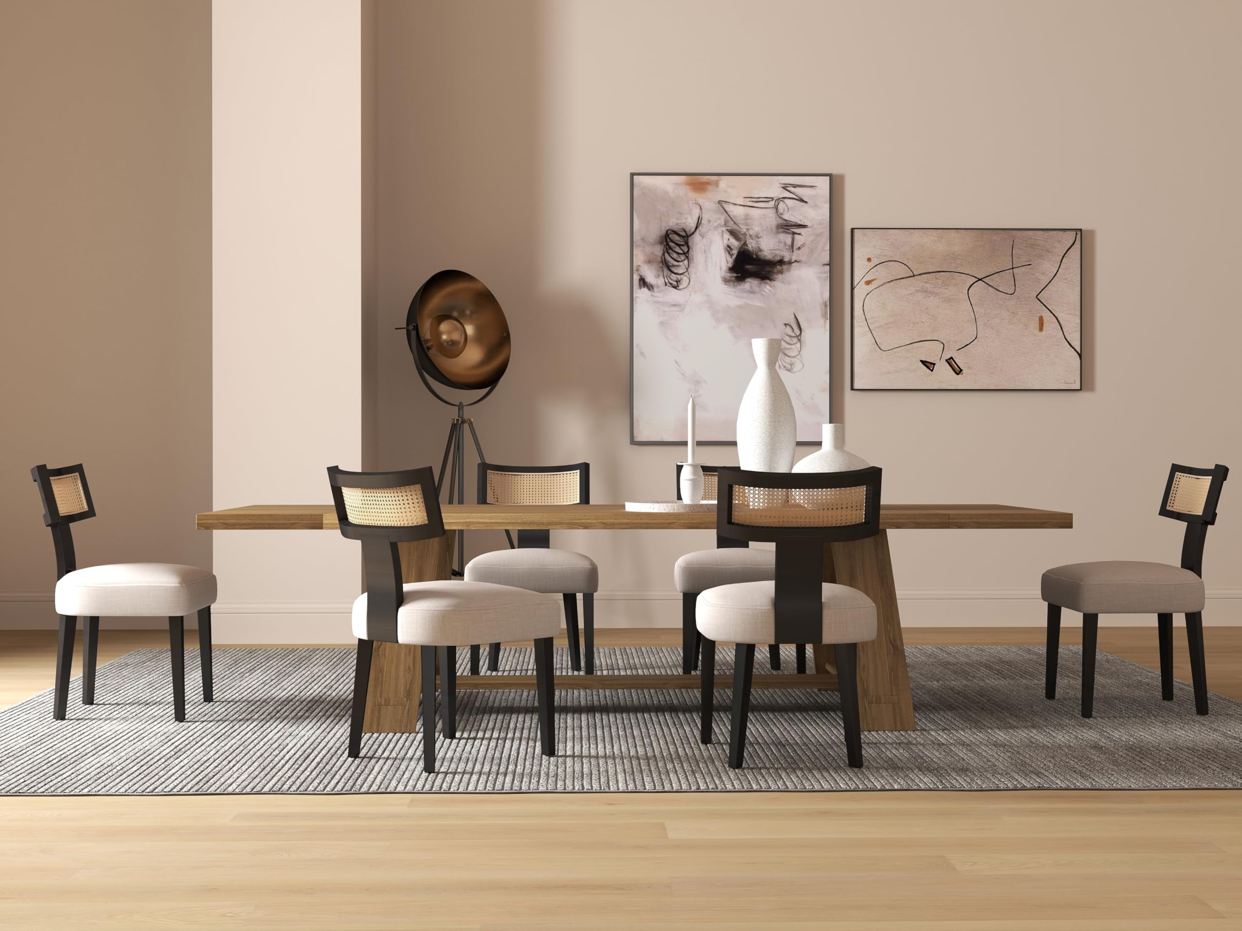 RIVOVA Rattan Dining Chairs Set of 6, Modern Dining Chairs Kitchen Dining Room Chairs, Curved Cane Back Upholstered Linen Fabric