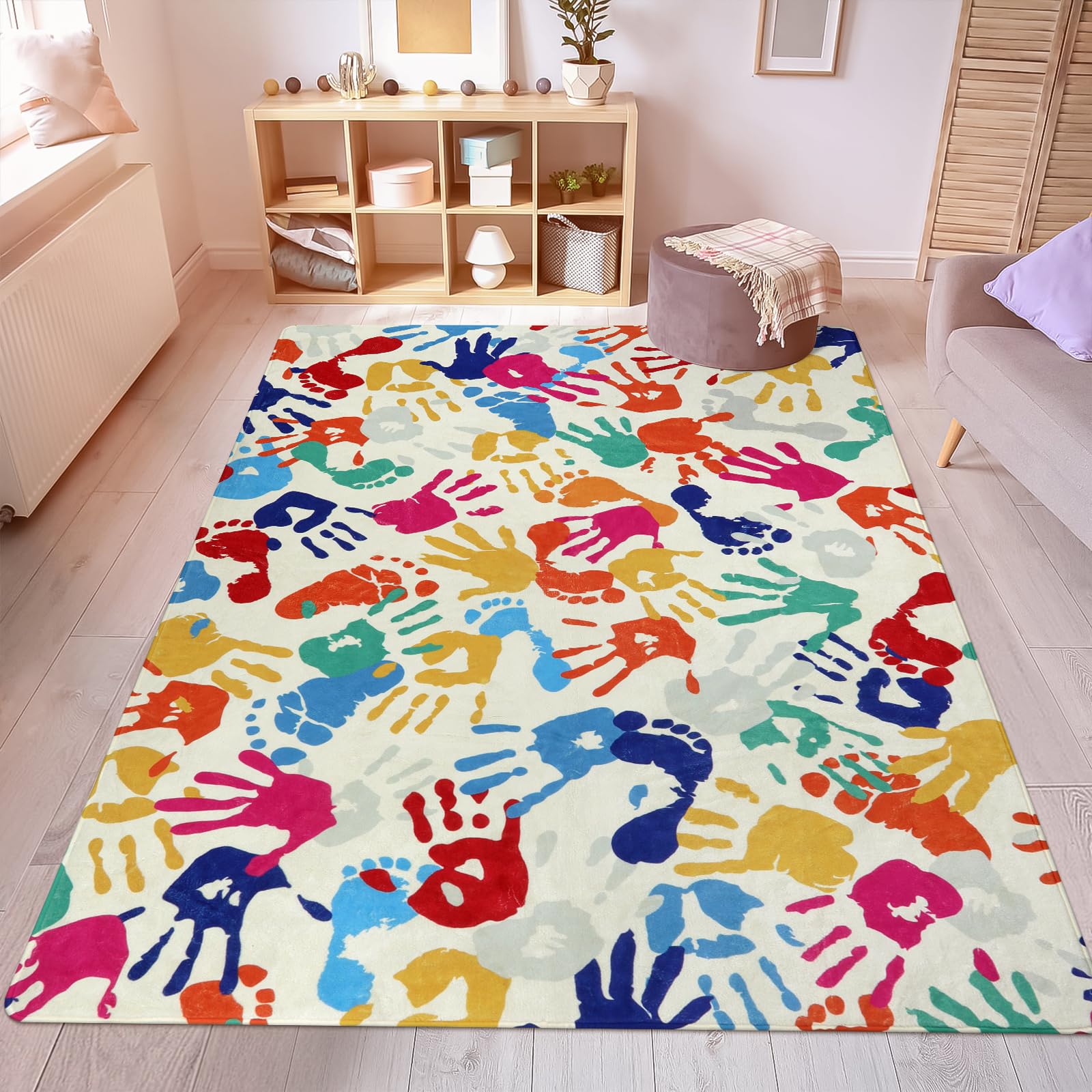 STARUIA Large Kids Rug for Playroom, 8x10 Handprints and Footprints Colorful Rug for Classroom, Non-Slip Washable Rug for Nurs