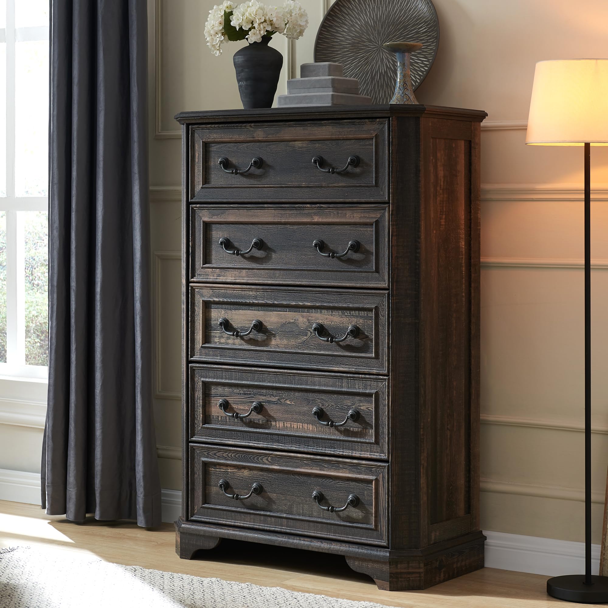 T4TREAM Farmhouse 5 Drawers Dresser for Bedroom, 48  Tall Wood Rustic Chest of Drawers with Natural Texture, Vintage Design, Sto