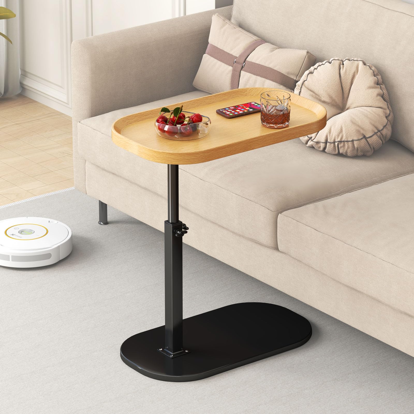 C Shaped Side Table Adjustable Height, 360Swivel C Shaped End Table, Couch Side Tables That Slide Under, Small Coffee C Table En