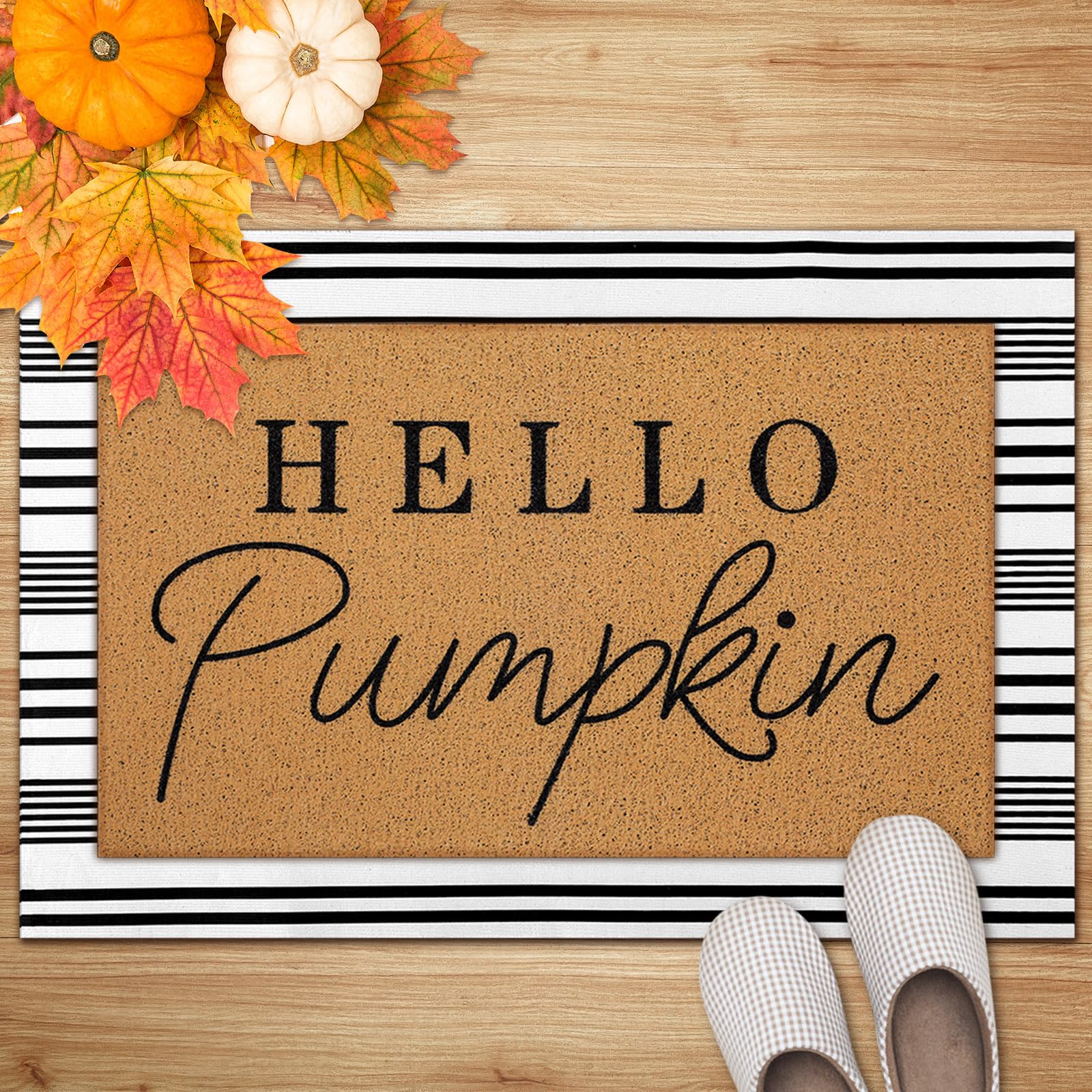 Tinideya 2 Pcs Fall Door Mat Hello Pumpkin Welcome Non Slip Coir Mats Thanksgiving Black White Stripe Harvest Floor Layering Doo