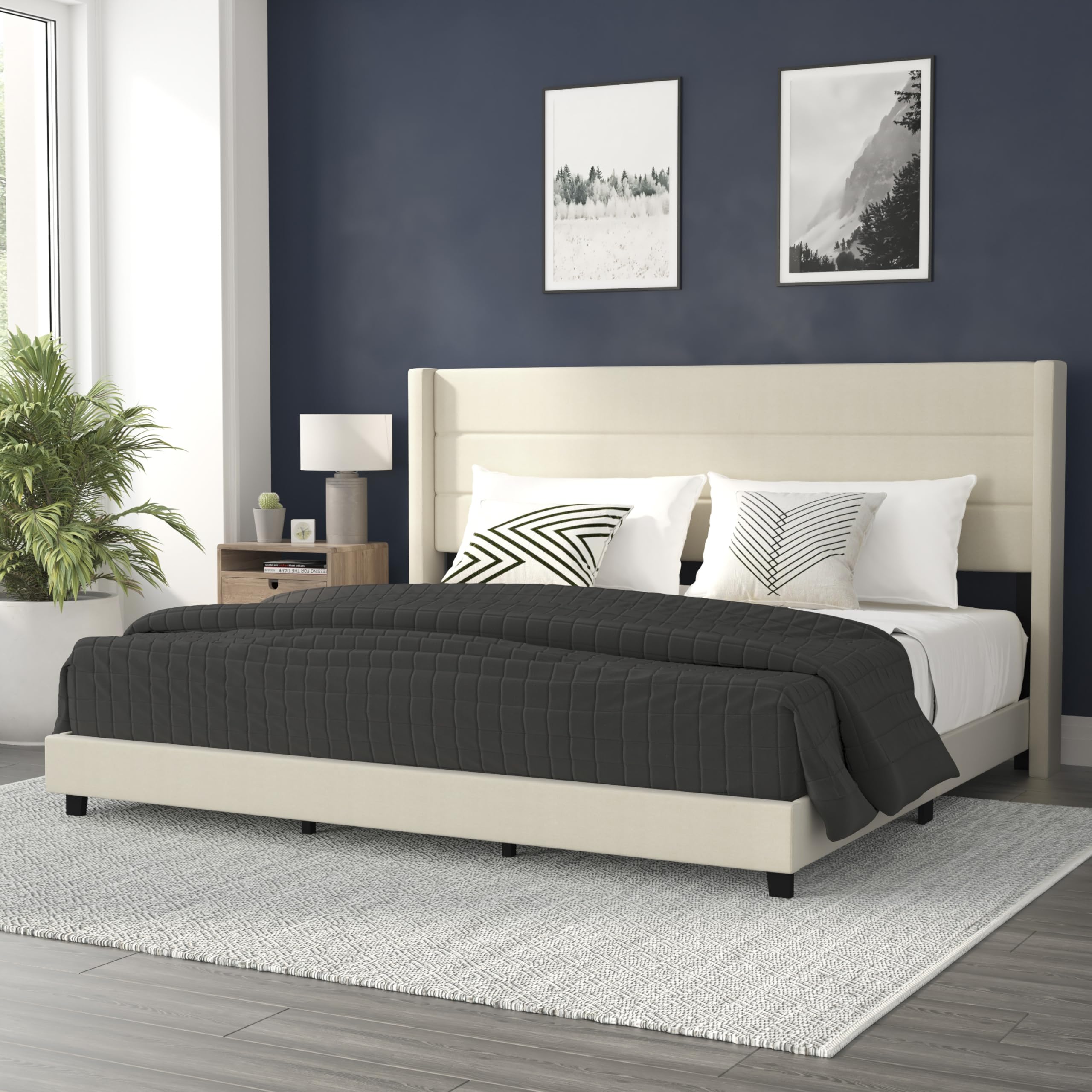 Flash Furniture Hollis Upholstered Platform Bed - Beige Faux Linen Wingback Headboard - King - Mattress Foundation with Slatted 
