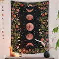 Rexful Moonlit Garden Tapestry, Moon Phase Surrounded by Plants and Flowers Black Wall Hanging Blanket 36  48 inch