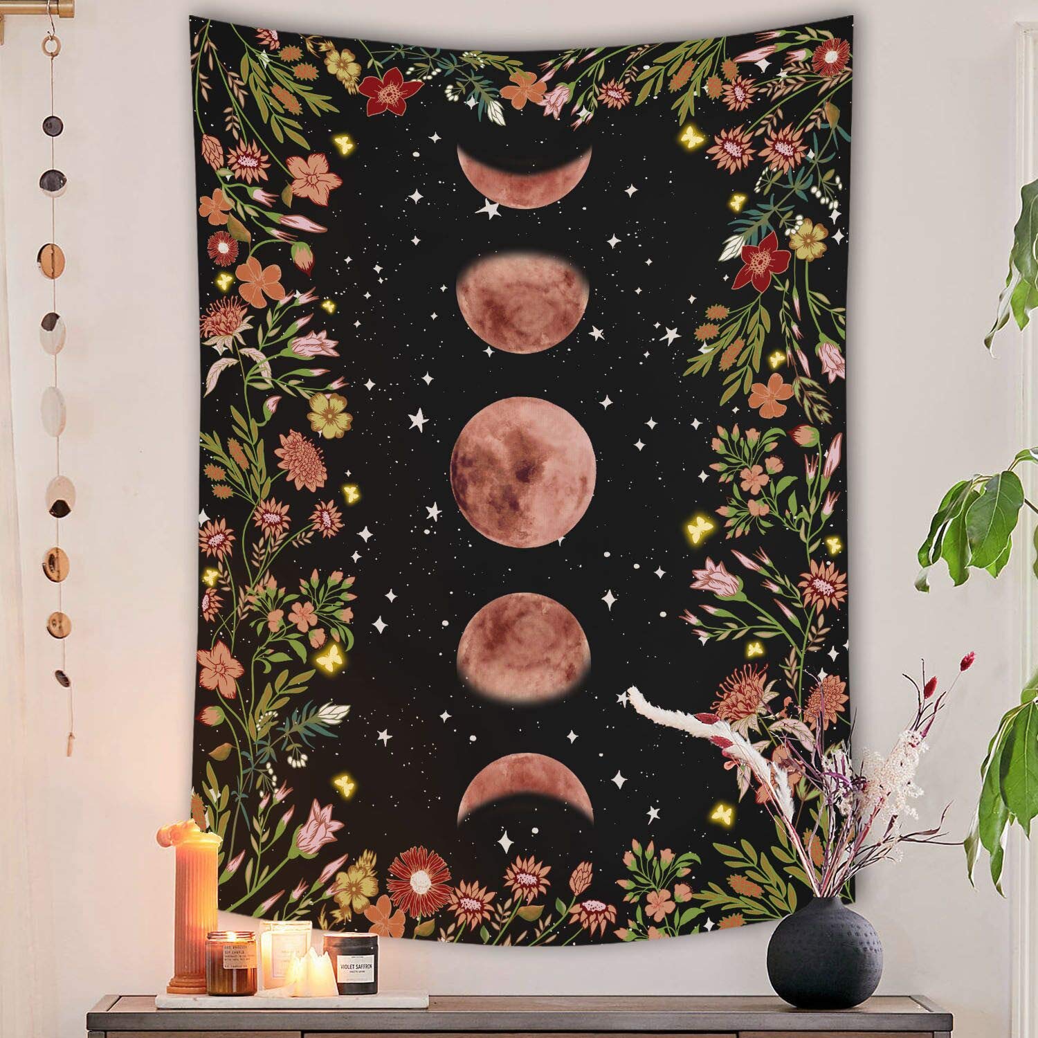 Rexful Moonlit Garden Tapestry, Moon Phase Surrounded by Plants and Flowers Black Wall Hanging Blanket 36  48 inch