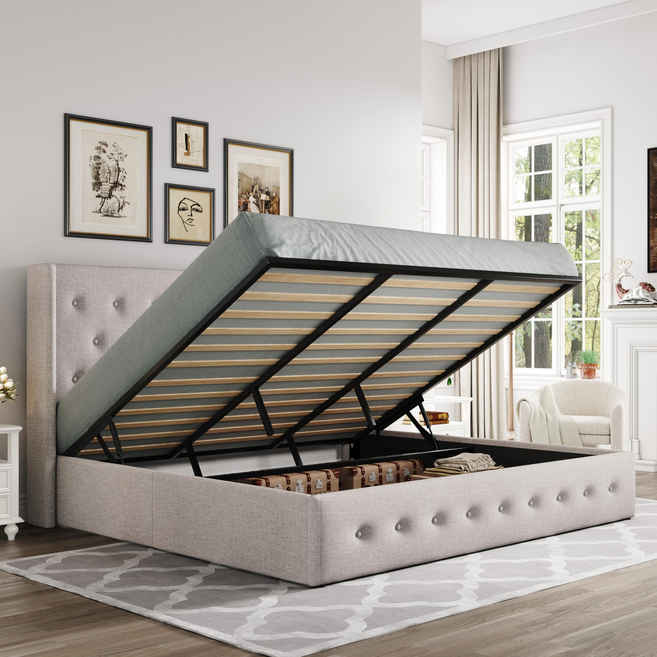 Allewie King Size Lift Up Storage Bed, Button Tufted Headboard with Wingback, No Box Spring Needed, Hydraulic Storage, Light Bei