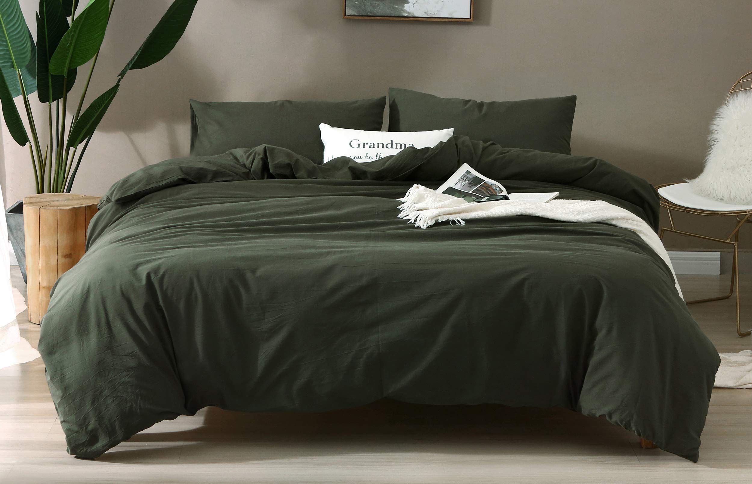 F.Y.Dreams 100% Washed Cotton Duvet Cover for Weighted Blanket 60x80 inches with 8 Ties, Zipper on Long Side/Forrest Green/Just 