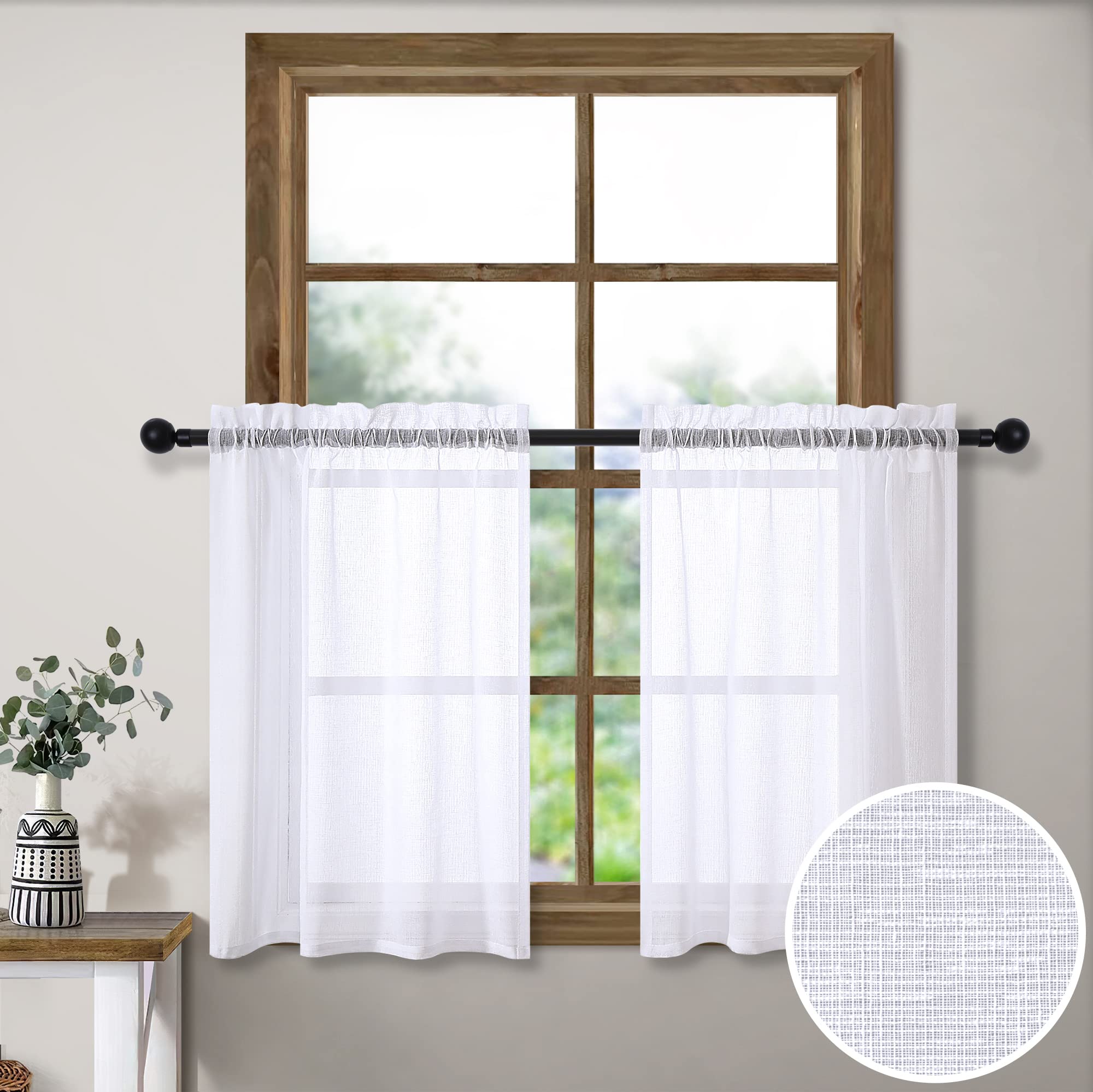 White Tier Curtains for Kitchen Door 30 Inch Length 2 Panel Set Rod Pocket Casual Weave Linen Textured Cafe Curtain Light Filter