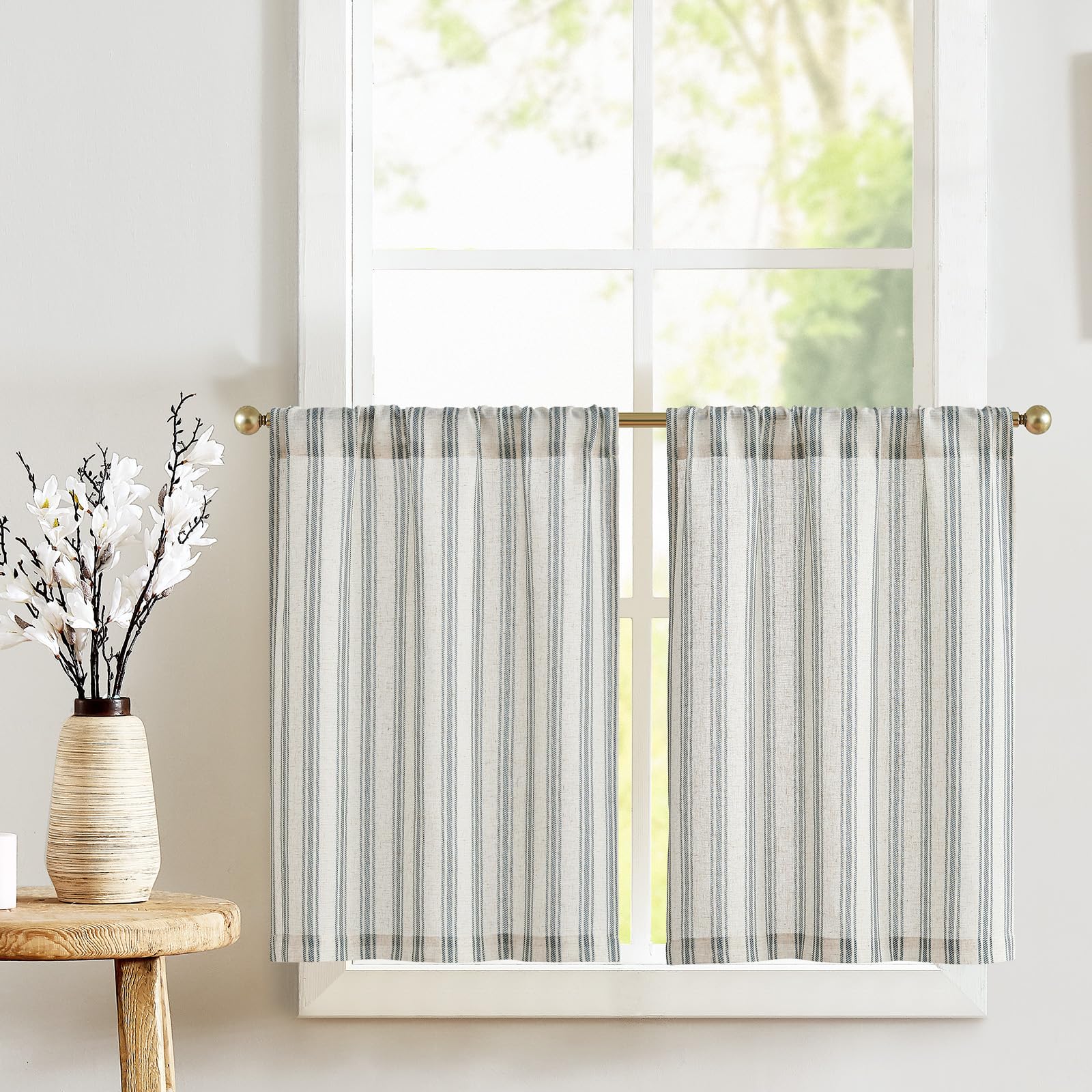 jinchan Striped Linen Kitchen Tier Curtain Farmhouse Cafe 30 Inch Small Window Balanced Stripe Half Window Curtains for Living R
