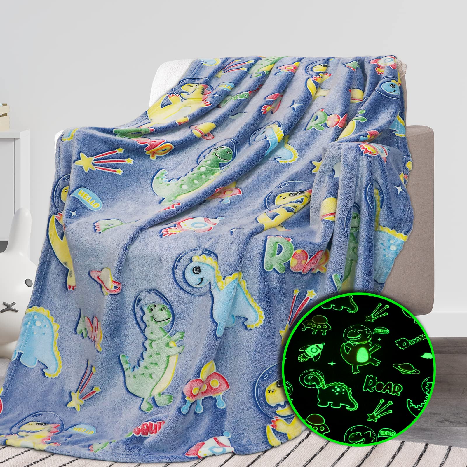 Glow in The Dark Blanket Dinosaur Gifts for Boys, Easter Toys For Kids 1 2 3 4 5 6 7 8 9 10 Year Old Room Decor Blankets Toddler