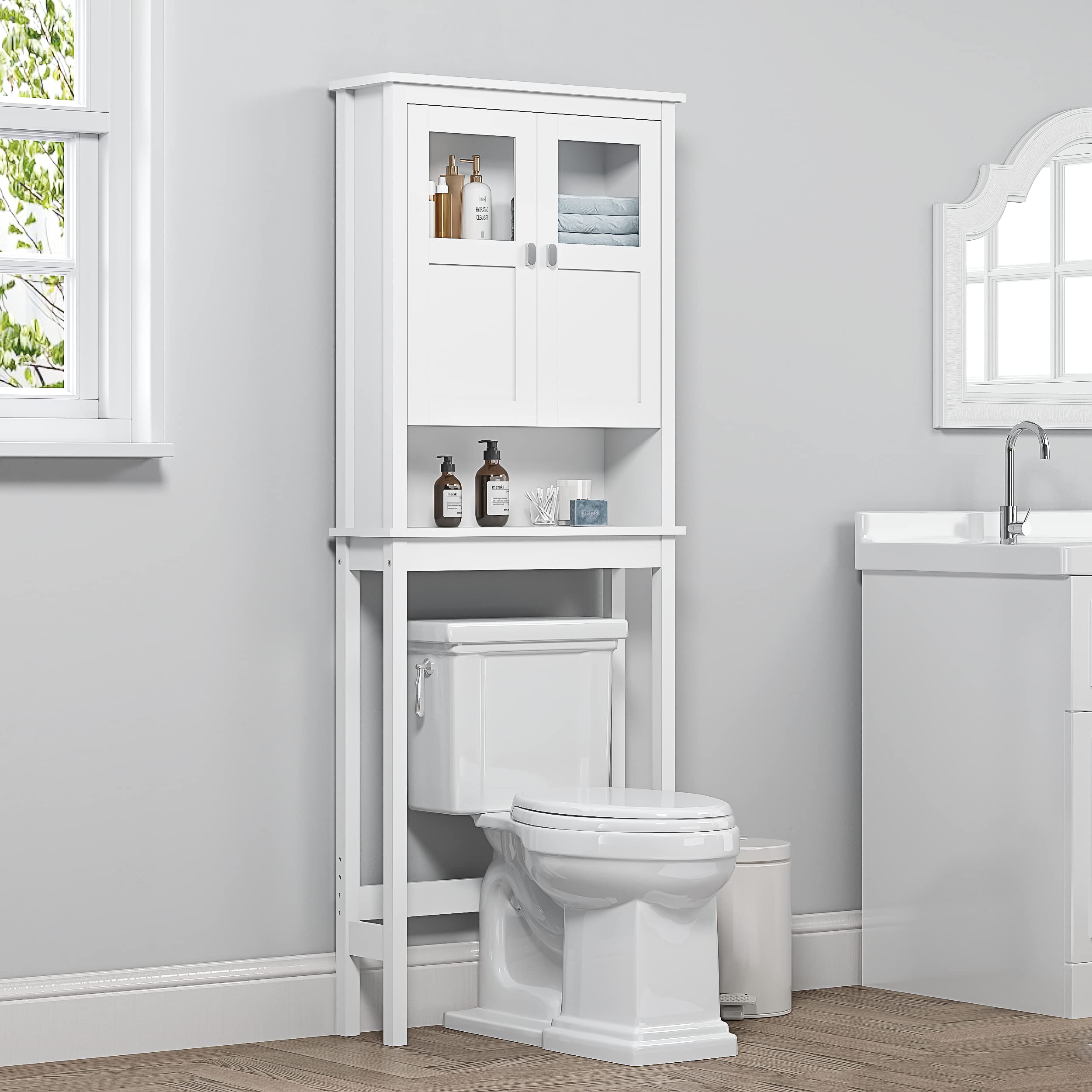 Spirich Bathroom Cabinet Over Toilet, Bathroom Storage Cabinet with Glass Doors and Adjustable Shelves, Over The Toilet Storage 