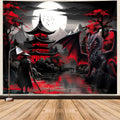 Anime Samurai Tapestry, Cool Red and Black Medieval Fantasy Dragon Tapestry Wall Hanging for Men, Mountain Forest Nature Sunset 