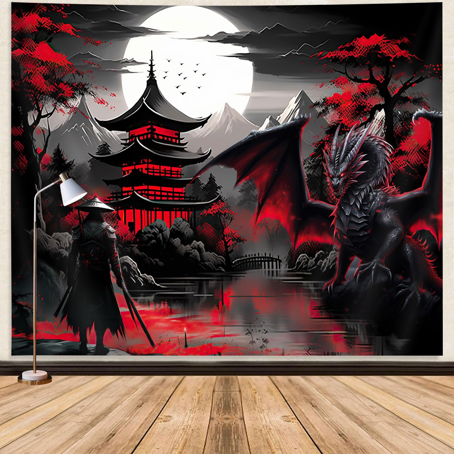 Anime Samurai Tapestry, Cool Red and Black Medieval Fantasy Dragon Tapestry Wall Hanging for Men, Mountain Forest Nature Sunset 