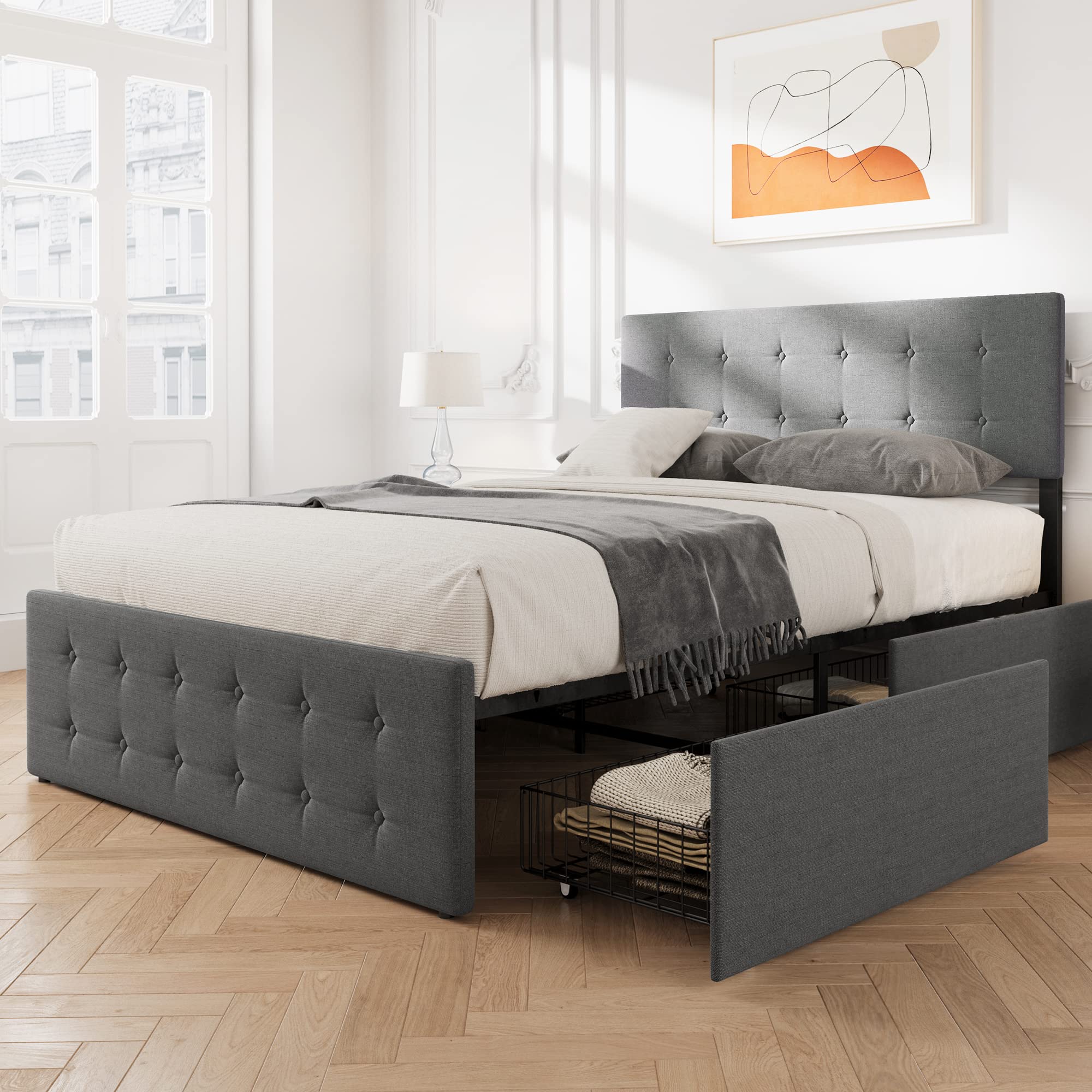 Alkmaar Upholstered Full Size Platform Bed Frame with 4 Storage Drawers,grey, Headboard and Wooden Slats Support,No Box Spring N