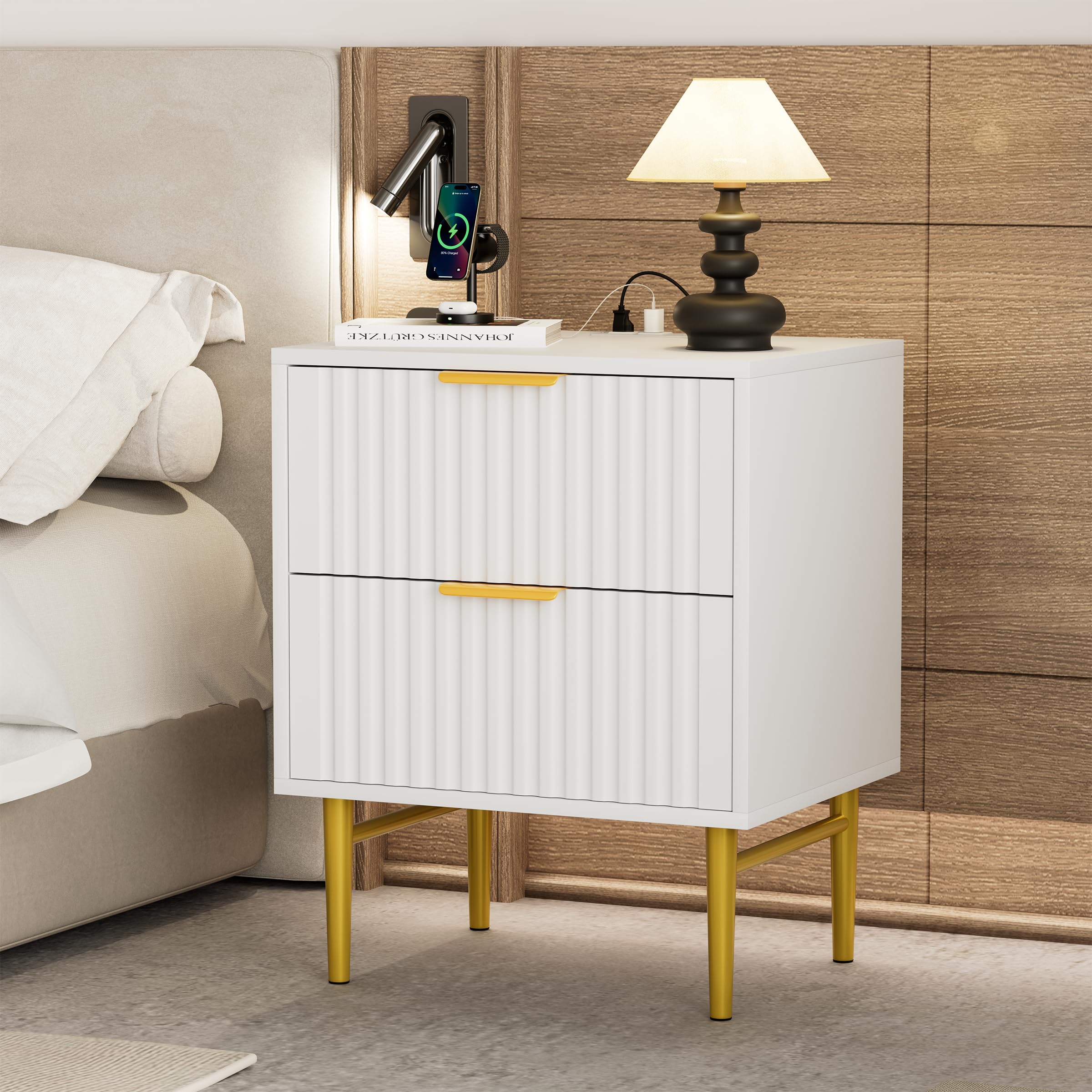 HQZX White Nightstand with Charging Station, Fluted Nightstand with Wide Tabletop, Modern Bedside Table with 2 Drawers, White an