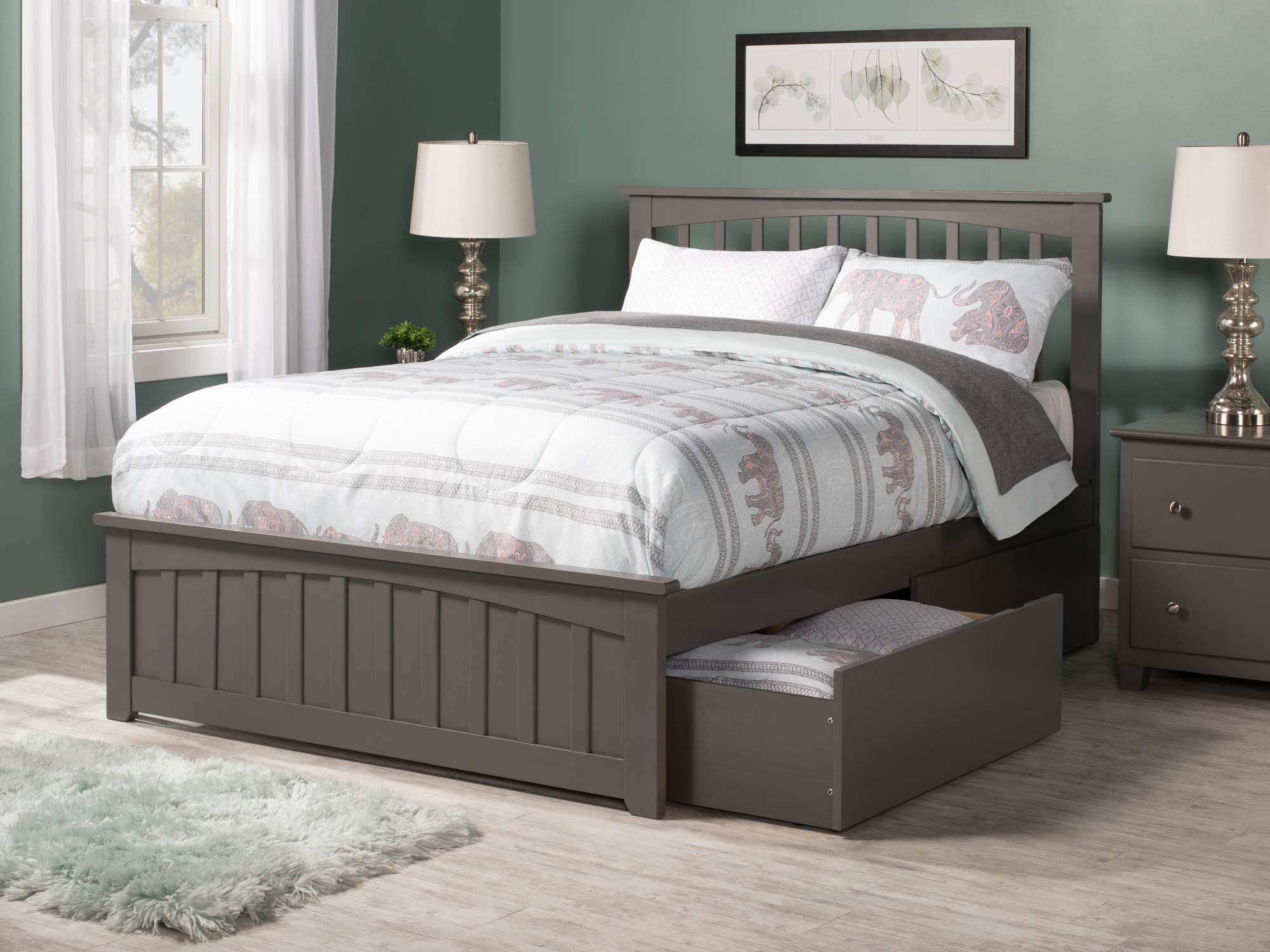 AFI, Mission Full Platform Bed with Matching Footboard, Storage Drawers, and Attachable USB Charger, Grey