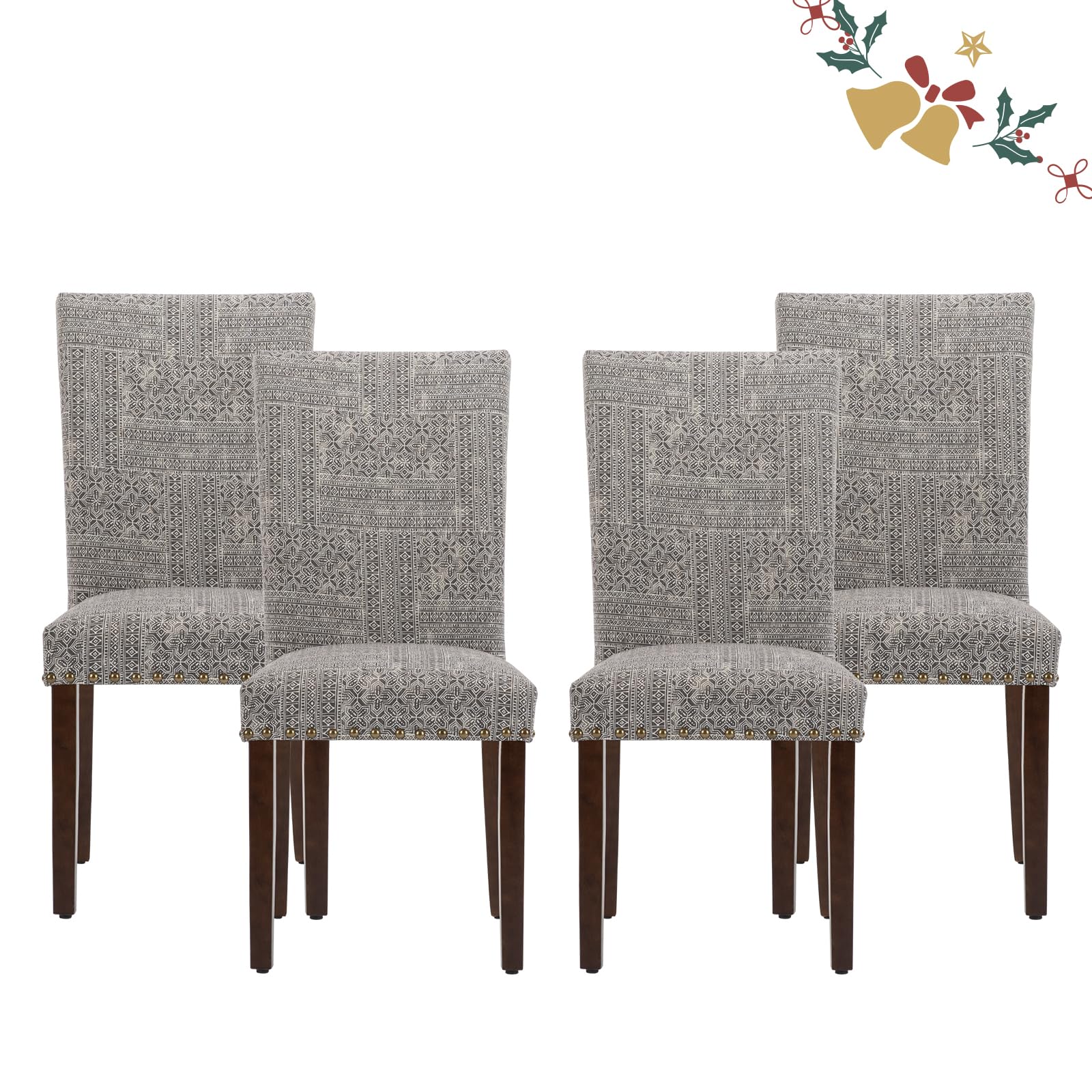 Parsons Dining Chairs Set of 4, Upholstered Nailhead Dining Room Kitchen Side Chair with Thick Cushions and Wood Legs, Black/Whi