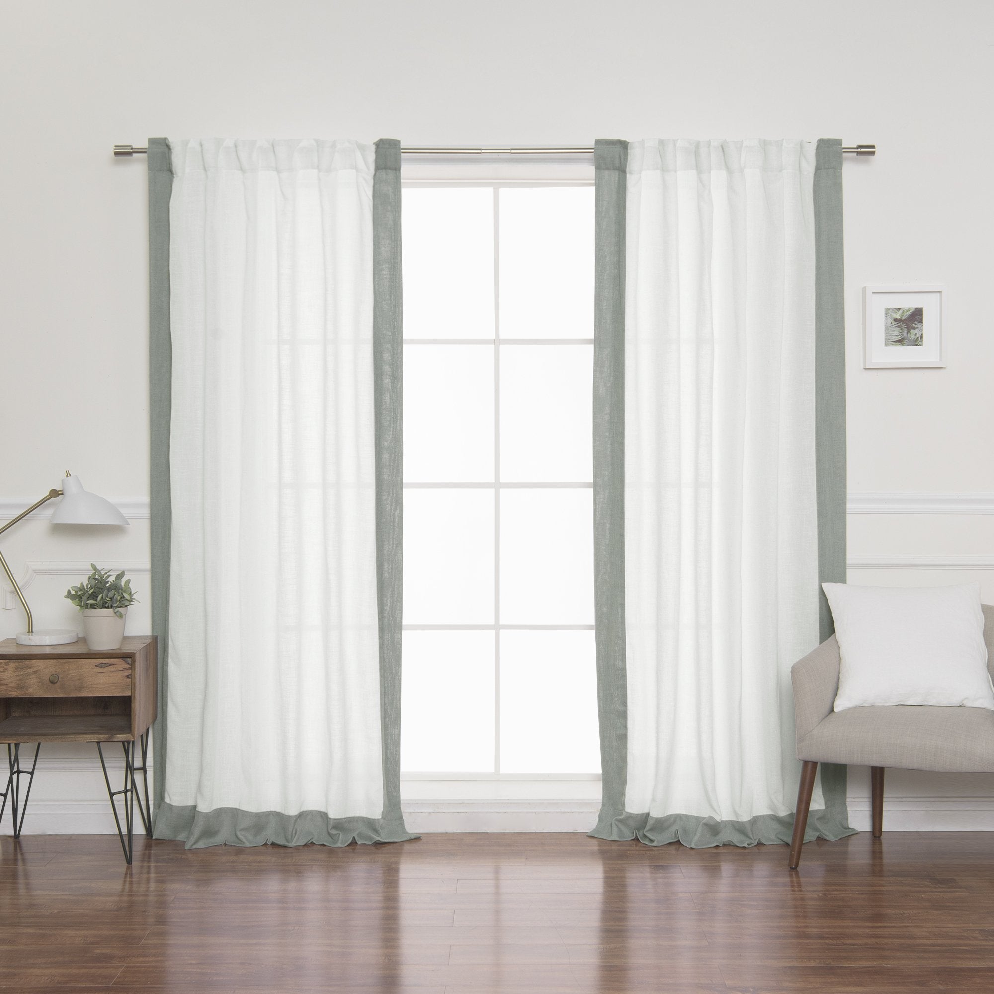 Best Home Fashion Linen Blend Border Curtains - Back tab - White/Spruce - 52 W x 84 L - (Set of 2 Panels)