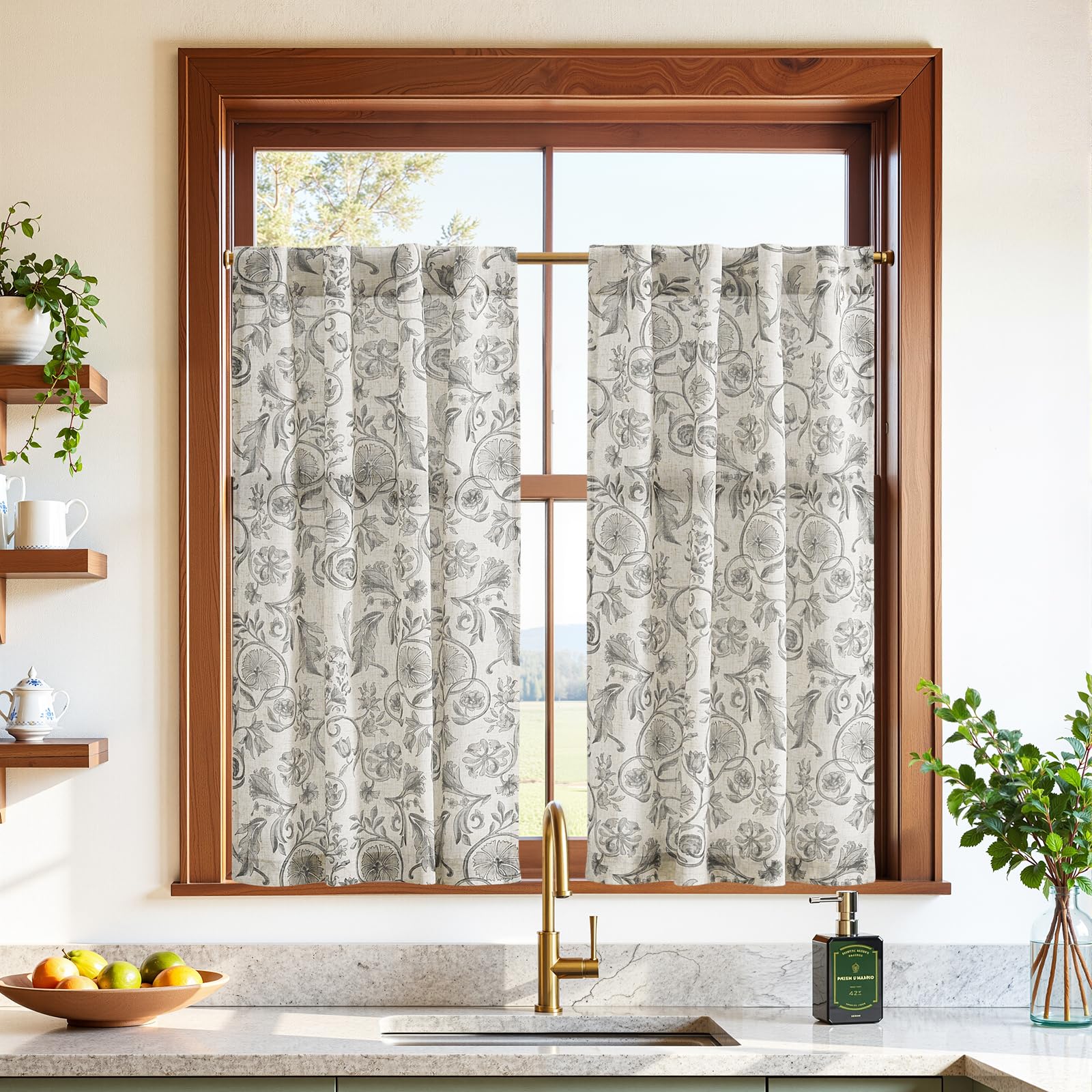 jinchan Small Window Curtains 36 Inch Linen Floral Curtain Set for Kitchen Bathroom Cafe Curtains Light Filtering Window Treatme