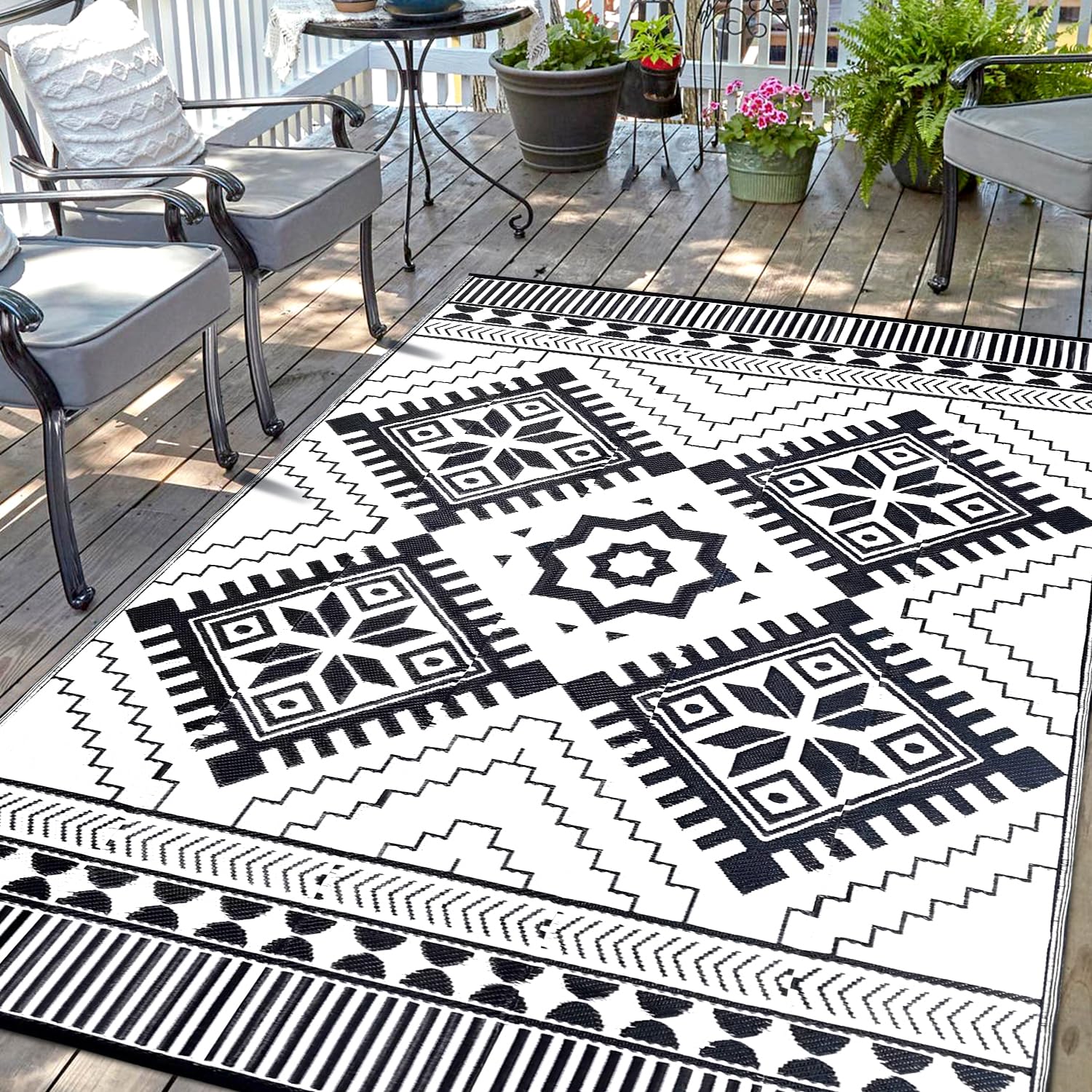 Waterproof Outdoor Rug 6x9ft, Boho Reversible Plastic Straw Mat for Patio RV Deck Porch Backyard Balcony Camping Picnic Beach In