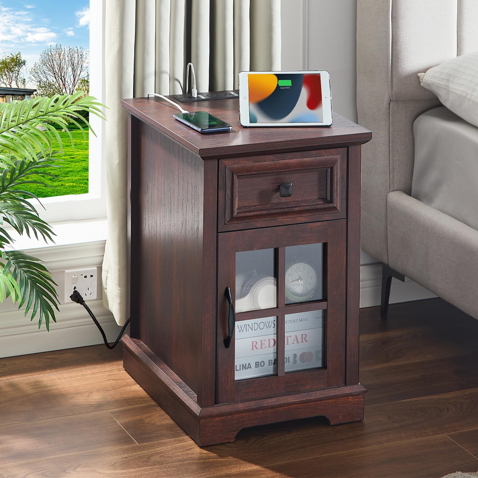 KHLJJU Farmhouse XXL End Table with Charging Station, Side Table with USB Ports and Outlets, Nightstand with Drawer and Glass Do