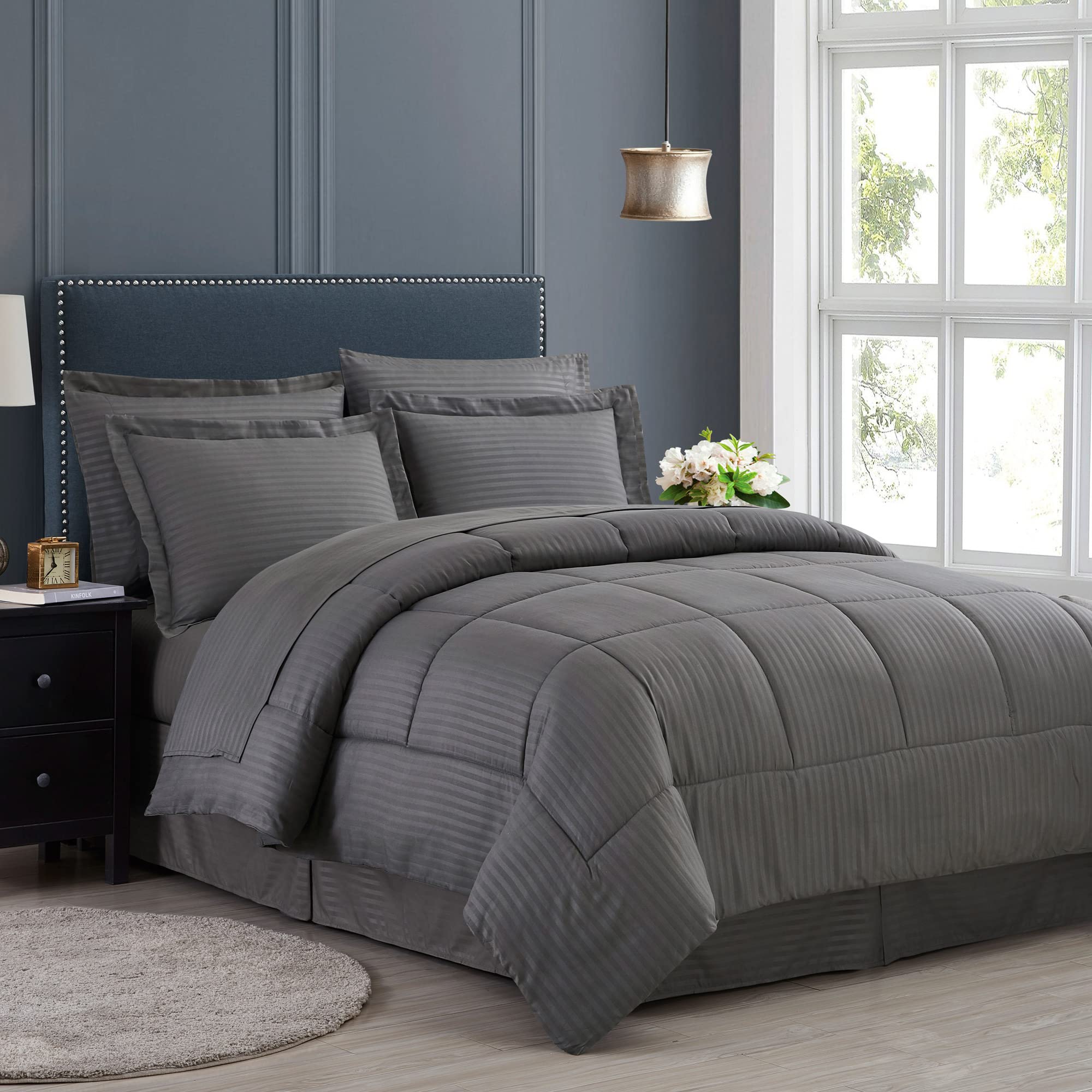 Queen Comforter Set 8 Piece Bed in a Bag with Bed Skirt, Fitted Sheet, Flat Sheet, 2 Pillowcases, 2 Pillow Shams, Queen, Dobby G