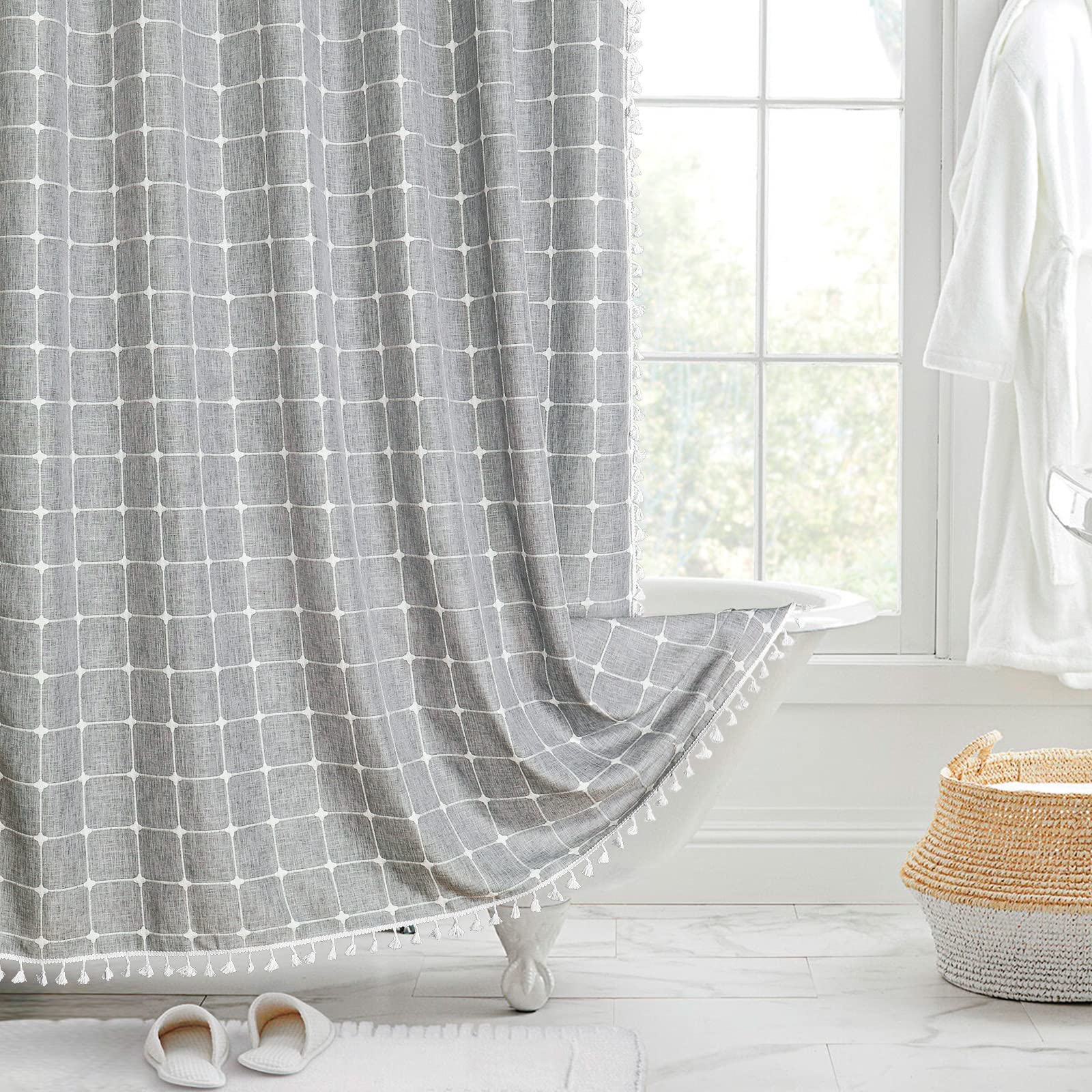 MitoVilla Boho Shower Curtain Set 72 x 78, Grey Farmhouse 78 inch Long Cotton Linen Tassel Ultra Thick Heavy Duty Fabric Shower 