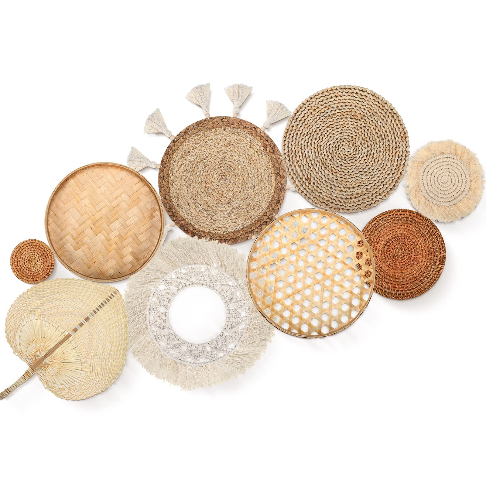 Set of 9 Wall Basket Decor Boho Wall Hanging Decor Rattan Wall Decor Flat Round Wicker Woven Macrame Tassels Tapestry Bamboo Wal