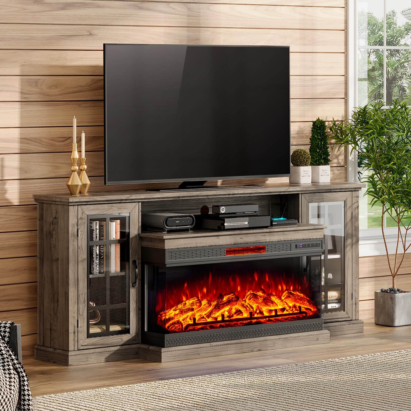 AMERLIFE 75in 3-Sided Glass Fireplace TV Stand for TVs up to 85, Rustic Media Entertainment Center Console Table with Glass Door