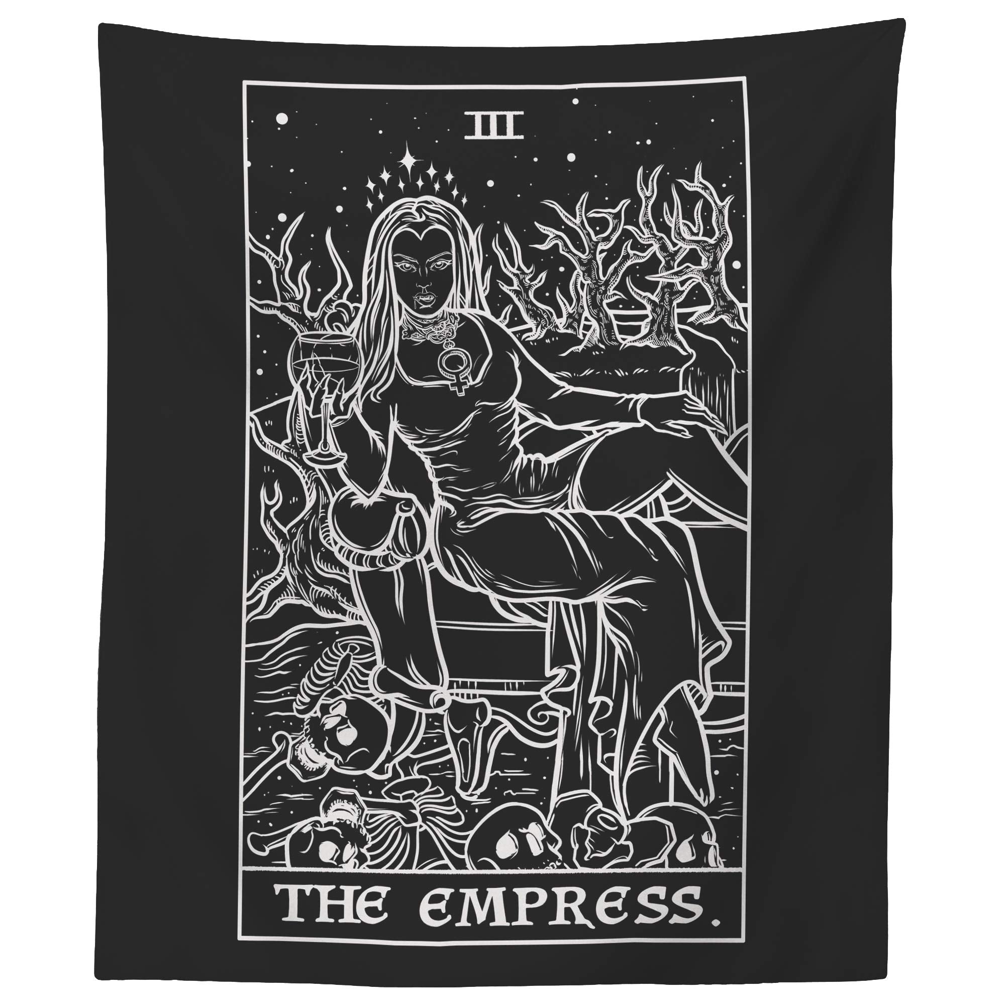 The Empress Tarot Card Tapestry (Black & White) - Female Vampire - Gothic Halloween Home Decor Wall Hanging (60 x 50)
