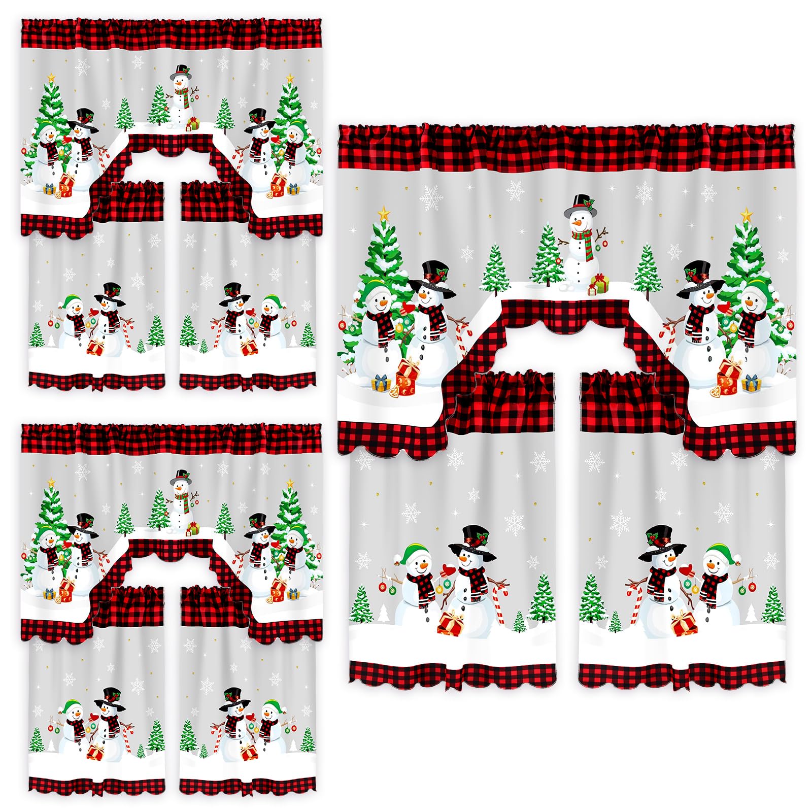 Frienda 9 Pc Christmas Kitchen Curtains & Valance Set - Snowman, Tree, Buffalo Plaid - Bedroom, Living Room, 60 x 36 Valance, 