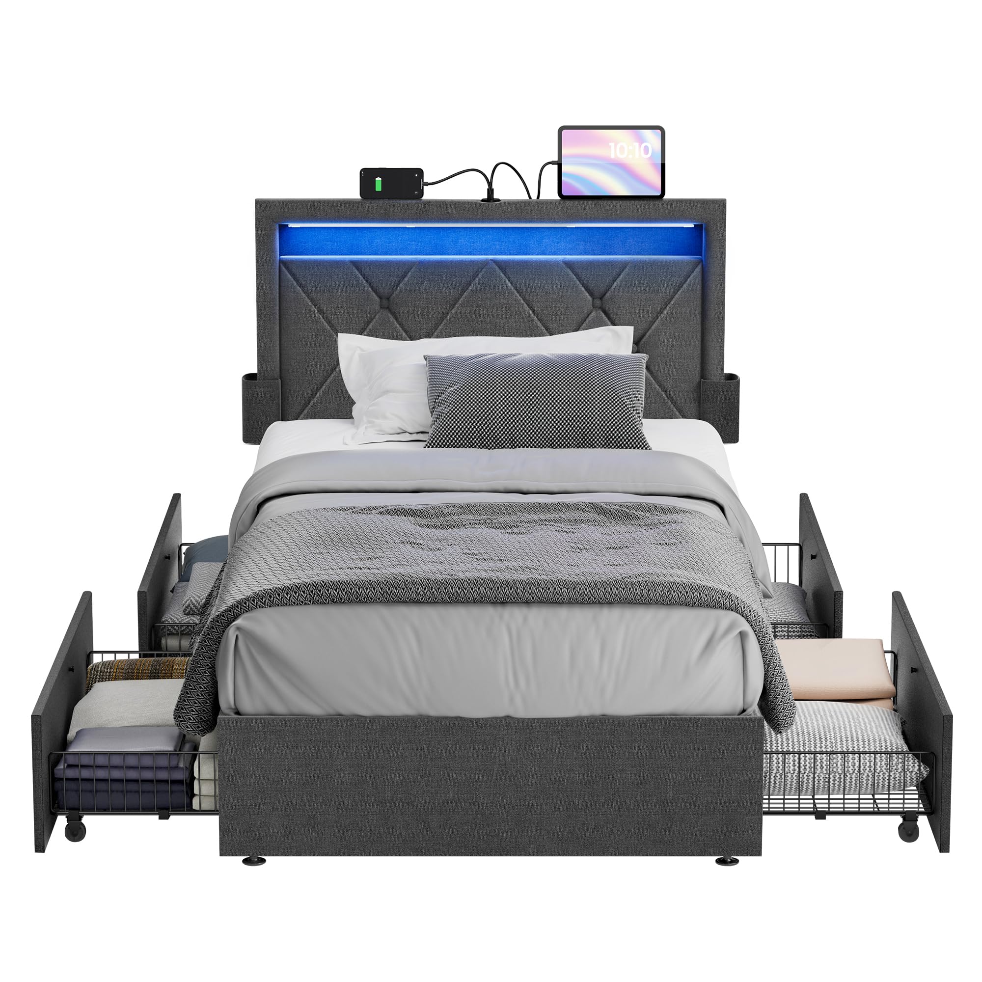 VASAGLE LED Bed Frame Twin Size, 37.1/39.6 Inches, with Headboard and 4 Drawers, 1 USB Port and 1 Type C Port, Adjustable Uphols
