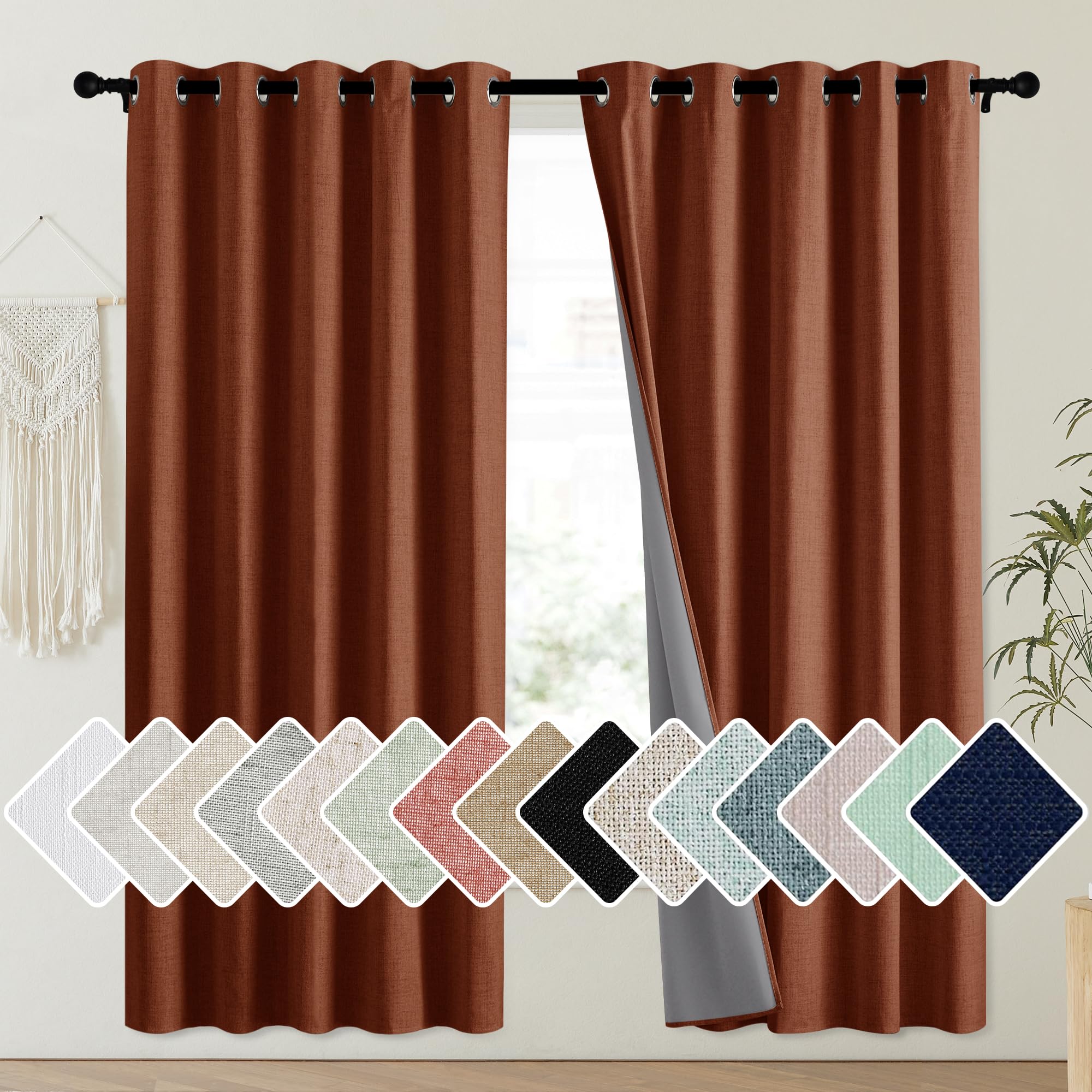 NICETOWN Brich Vintage Open Linen Weave Flax Thermal Curtains, 100% Blackout Curtains 63 Long for Dining Room, Soundproof Window