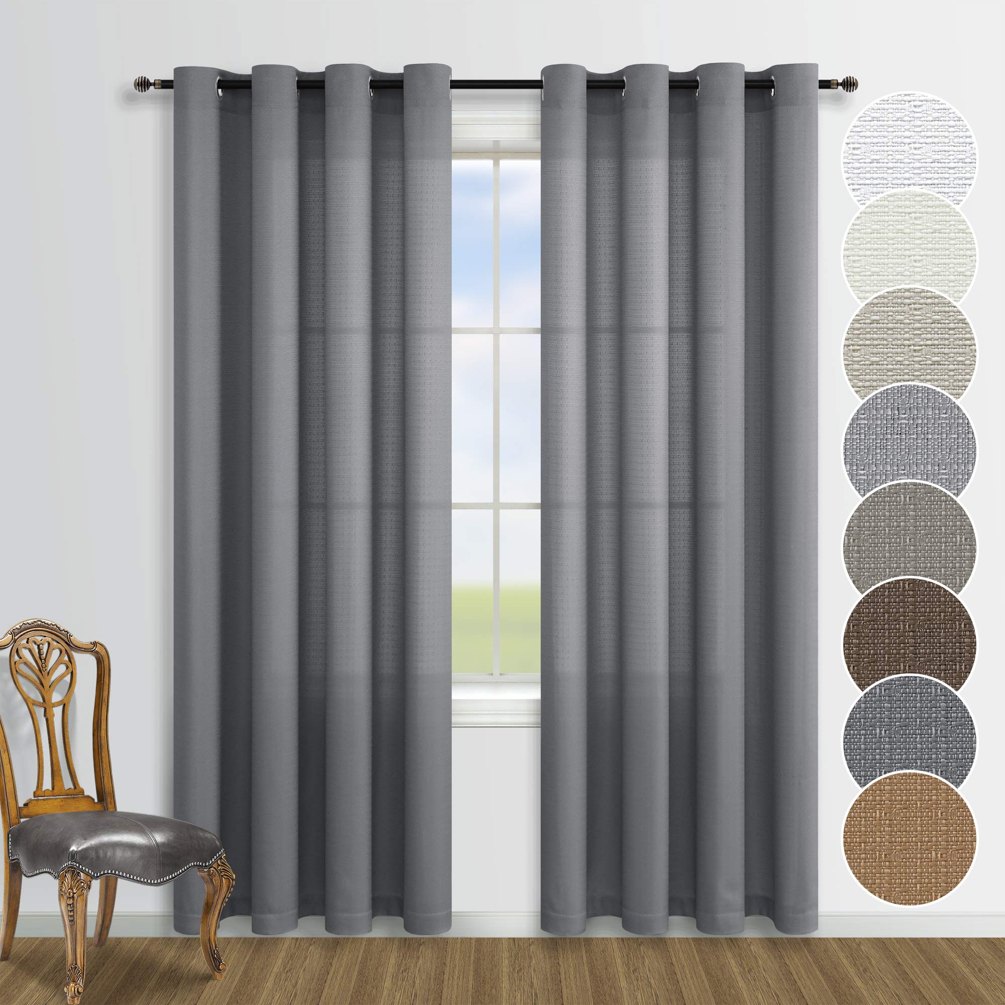 KOUFALL Dark Grey Curtains 84 Inch Length for Living Room 2 Panels Set Linen Cotton Look Semi Sheer Window Curtain Panels for Be