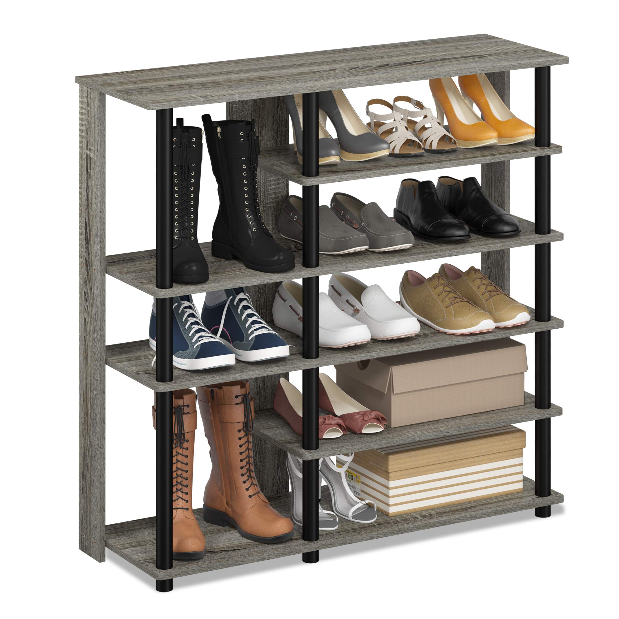 Furinno Turn-N-Tube Multi Storage Shoe Rack, 35.2W 6-Tier, French Oak Grey/Black