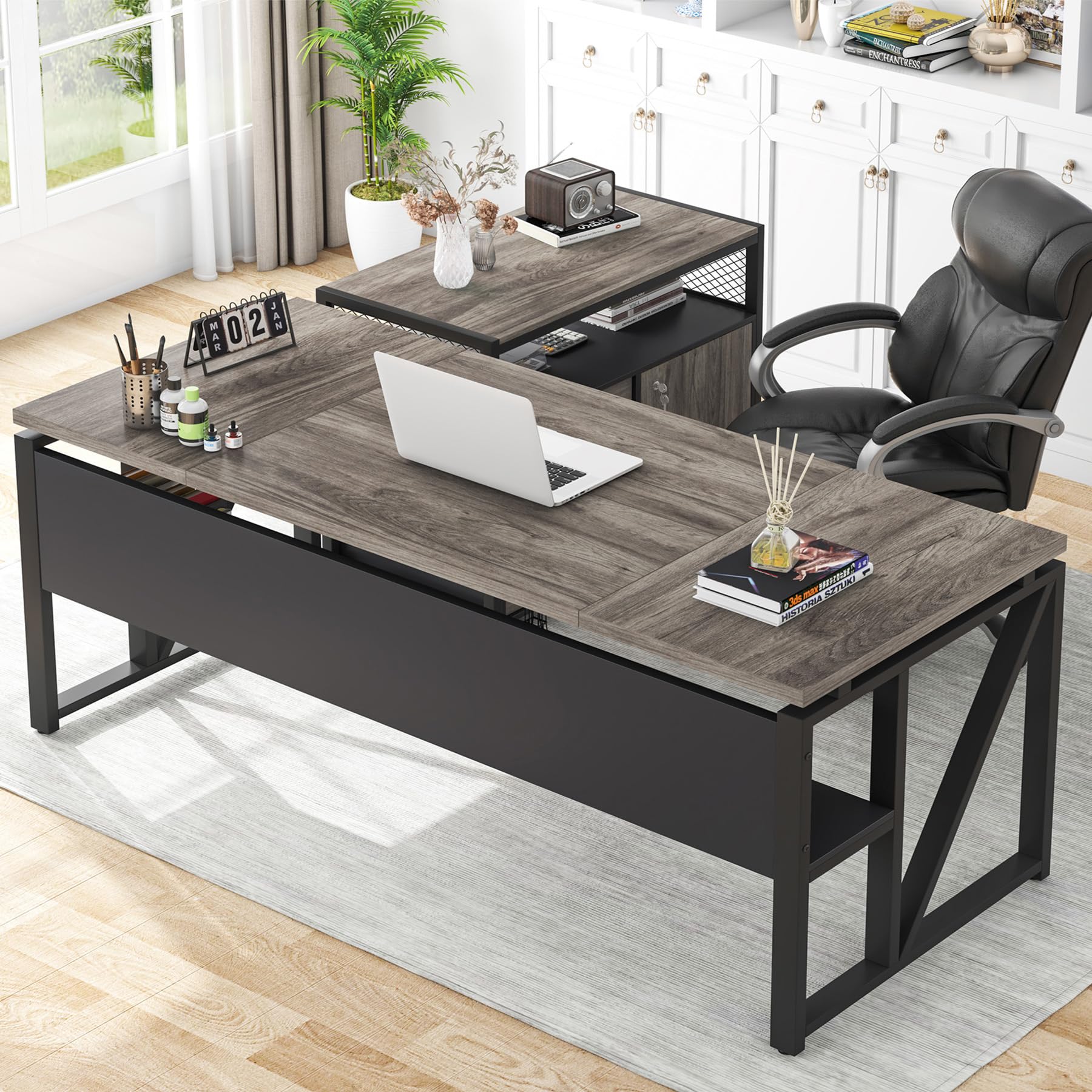 Tribesigns L Shaped Desk with Drawer Cabinet, 63 Executive Computer Desk and lateral File Cabinet, 2 Piece Home Office Furniture
