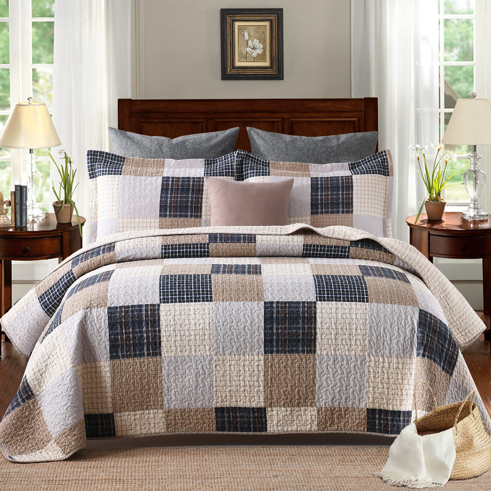 PANGUSHAN Quilts Set King Size,100% Cotton Quilt,Patchwork Plaid King Quilt Bedding Set Bedspreads,Farmhouse Rustic Lightweight 