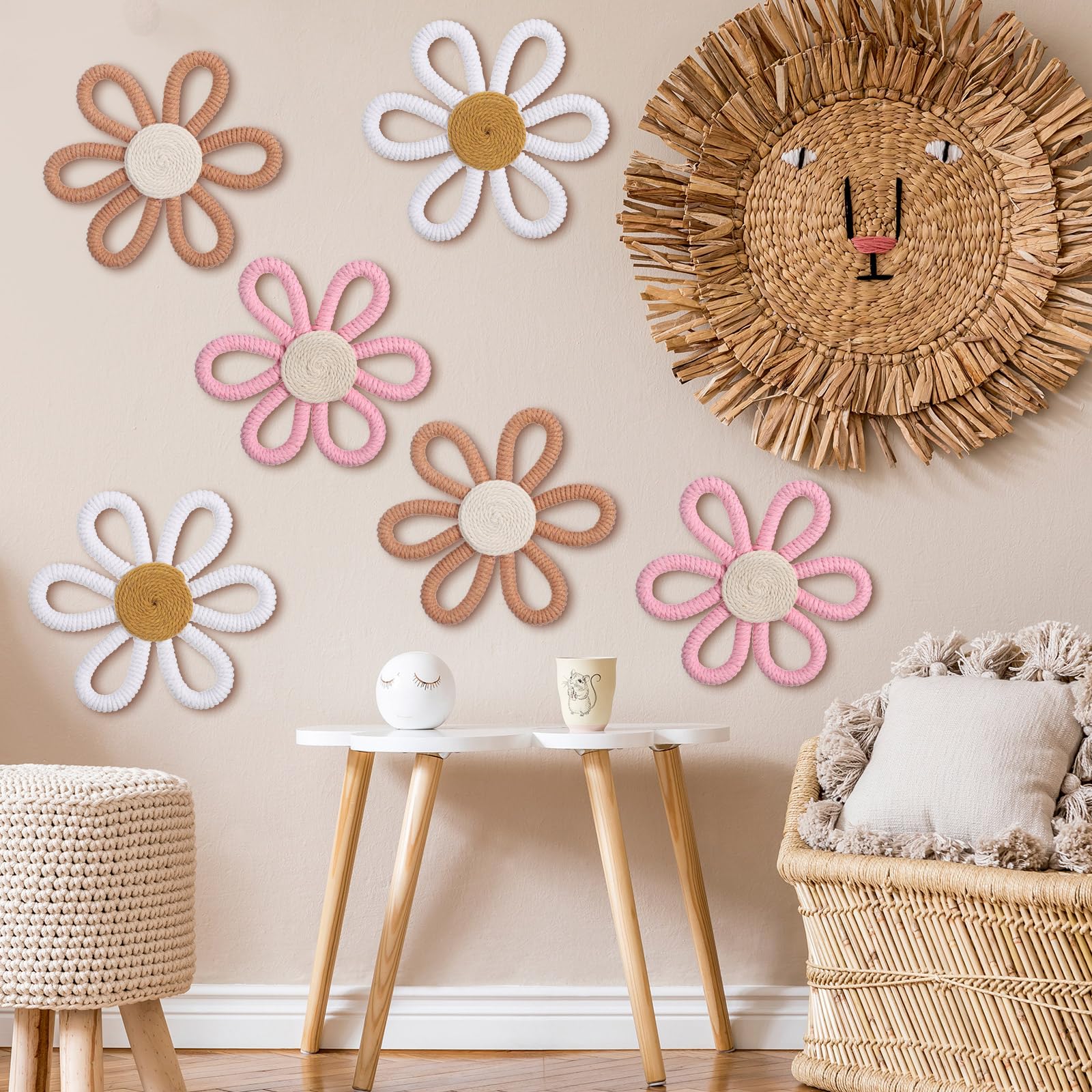 Zeyune 6 Pcs Boho Daisy Flower Wall Art Decor Boho Daisy Floral Nursery Art Decor Woven Macrame Wall Hanging for Home Indoor Dec
