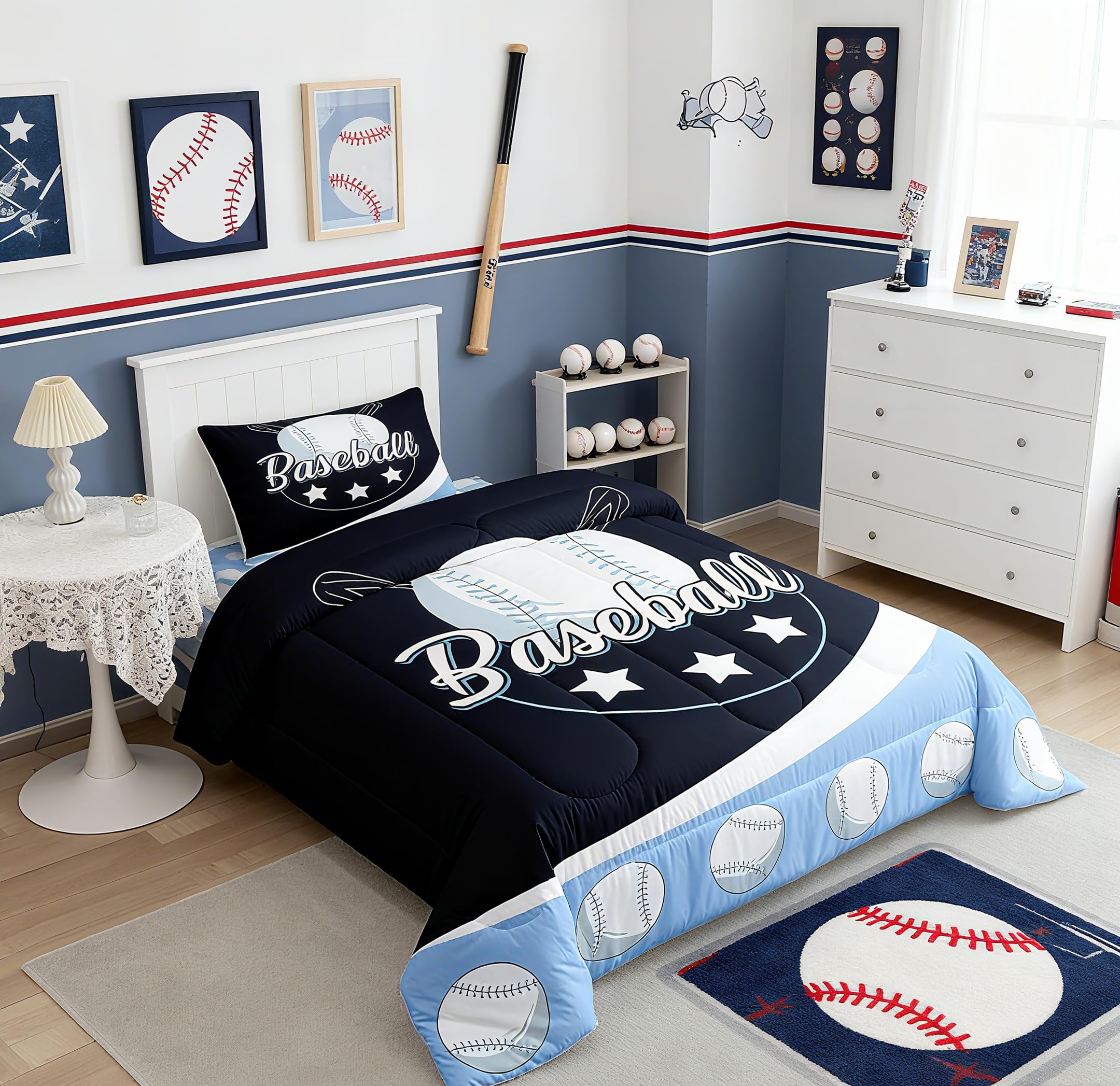 Feelyou Kids Baseball Comforter Set Twin Size Blue White Baseball Game Bedding Set for Boys Girls Sport Theme Duvet Set Softball