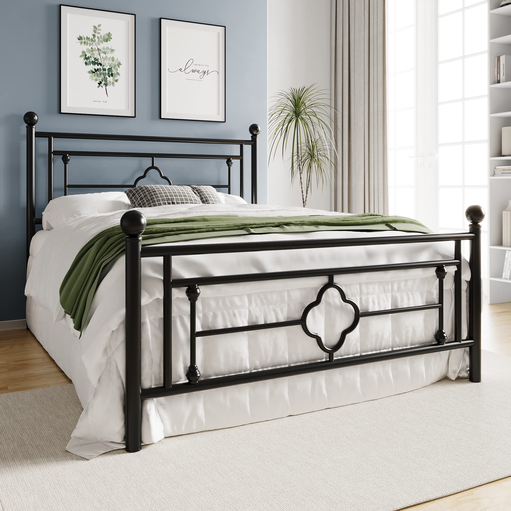 HOOMIC 14 Inch Queen Size Metal Platform Bed Frame, Vintage Victorian Style, Wrought Iron Headboard and Footboard/Mattress Found